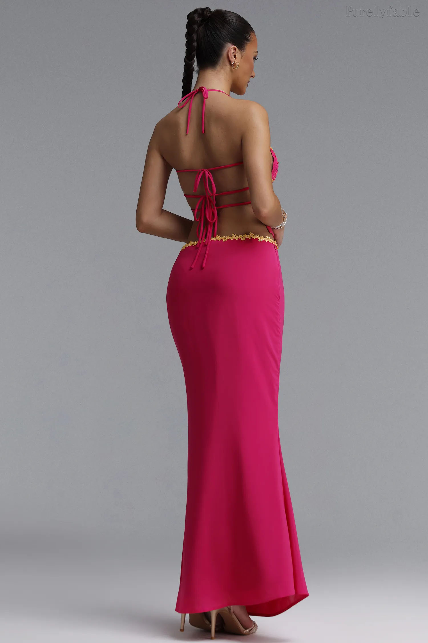 Madelyn Purple Red Hanging Neck High Waist Split Skirt Set