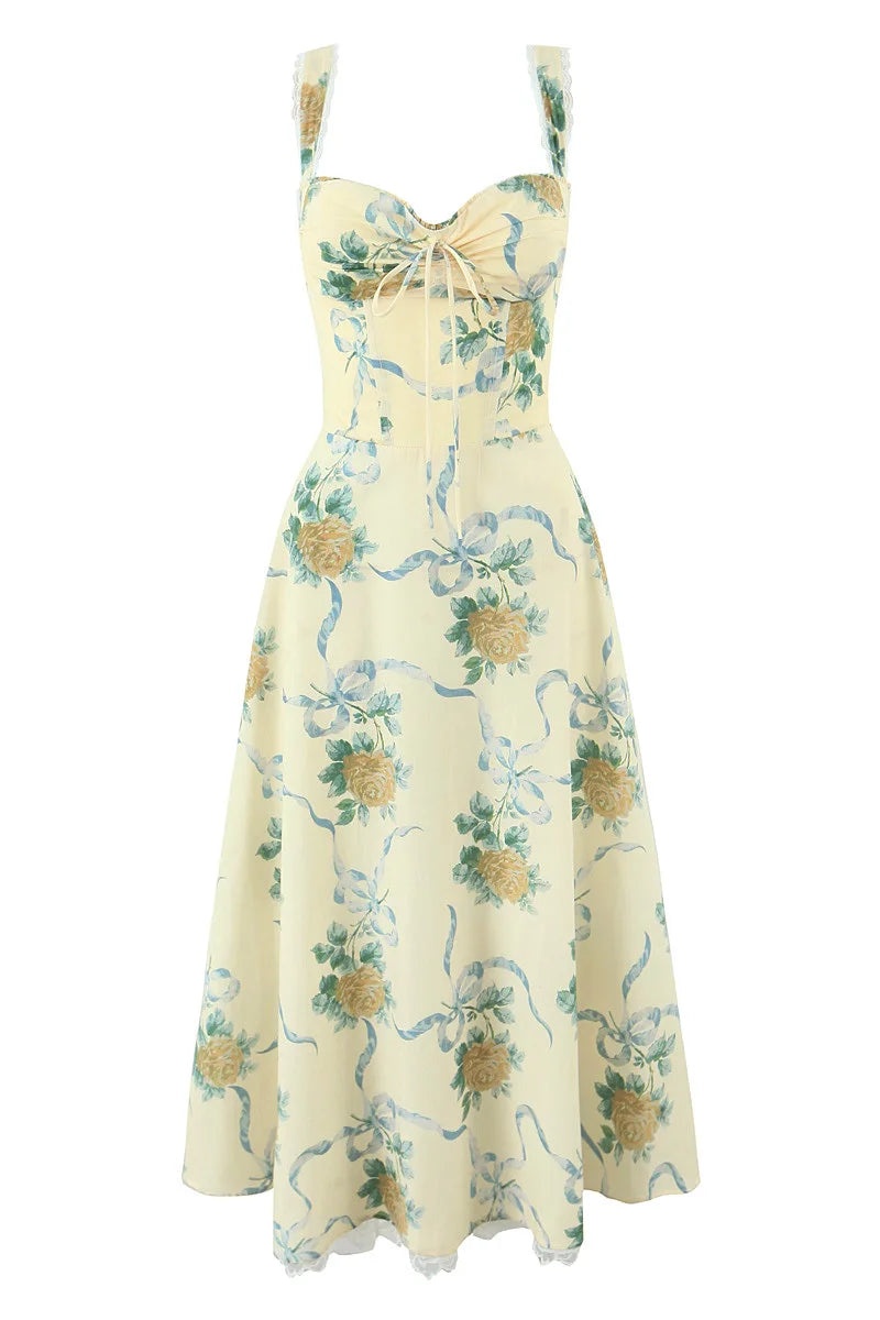 Mabel Floral Print Sweetheart Midi Dress-purelyfable