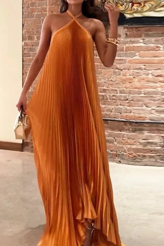 Novia Halter Neck Pleated Maxi Dress-purelyfable