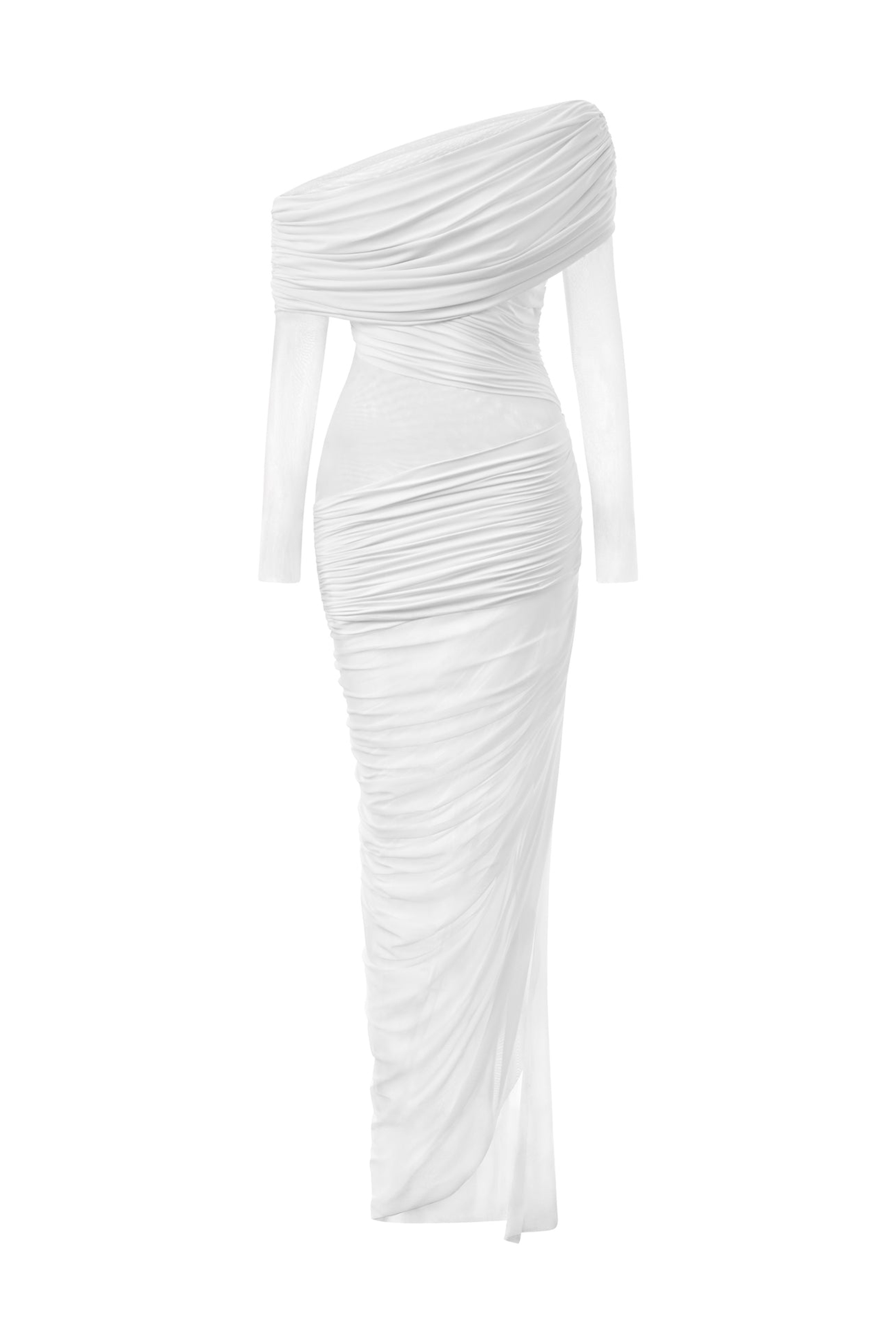 Paula One Shoulder Ruched Mesh Maxi Dress-purelyfable