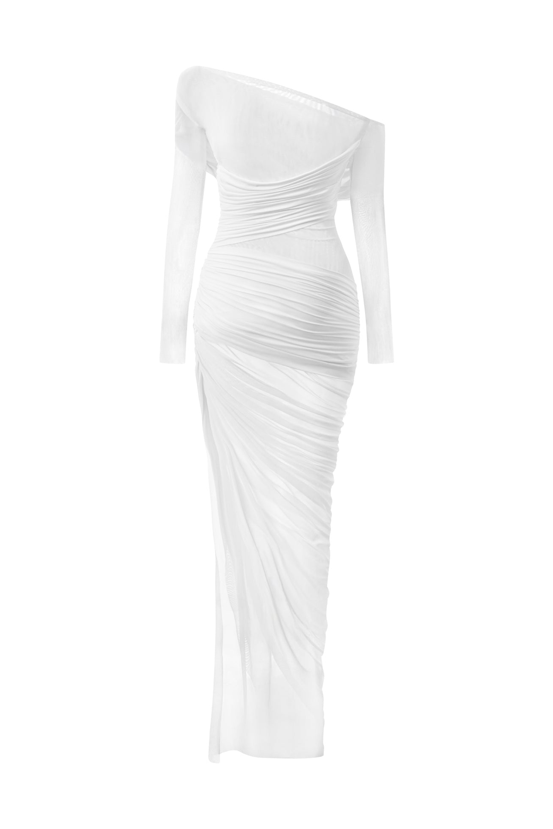 Paula One Shoulder Ruched Mesh Maxi Dress-purelyfable
