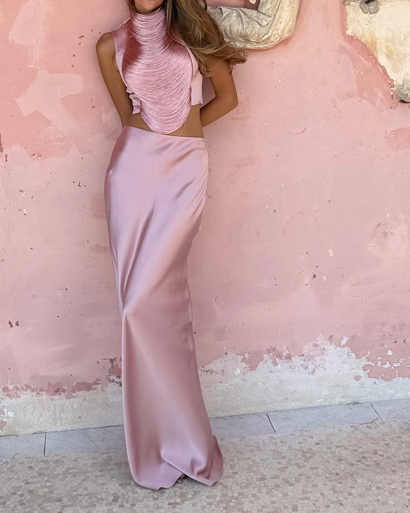 Alessia Pink Halter-neck Crop Top and Satin Maxi Skirt Two Piece Set