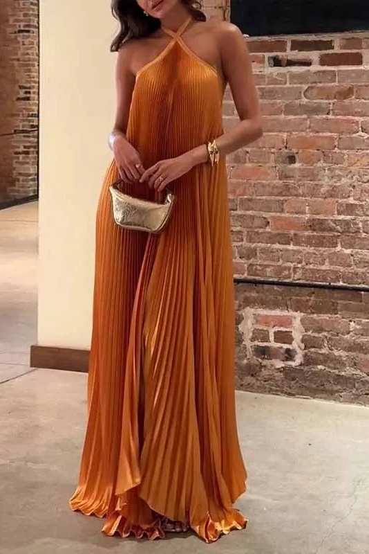 Novia Halter Neck Pleated Maxi Dress-purelyfable