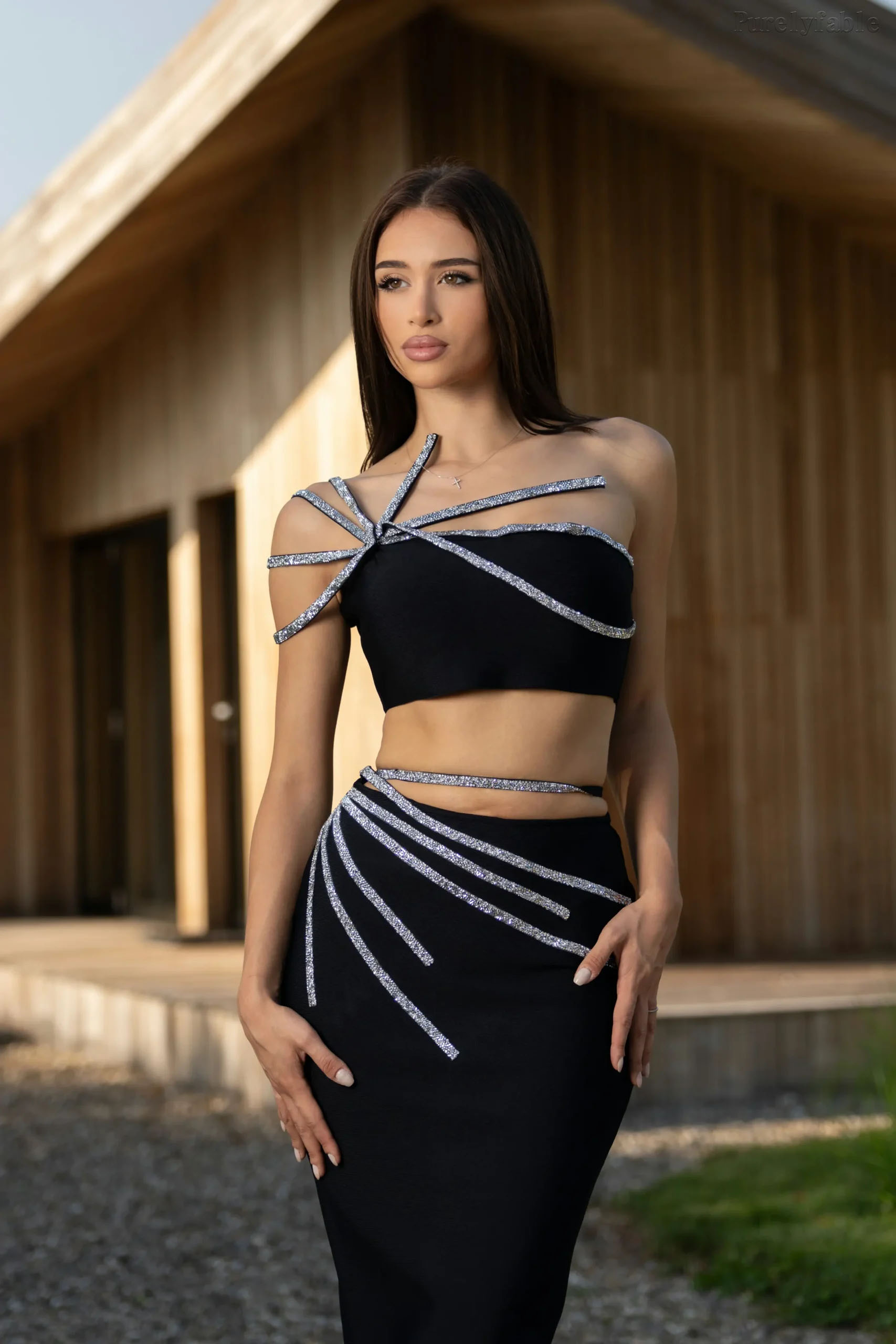 Aurora Black Rhinestone-Embellished Bandage Dress Set