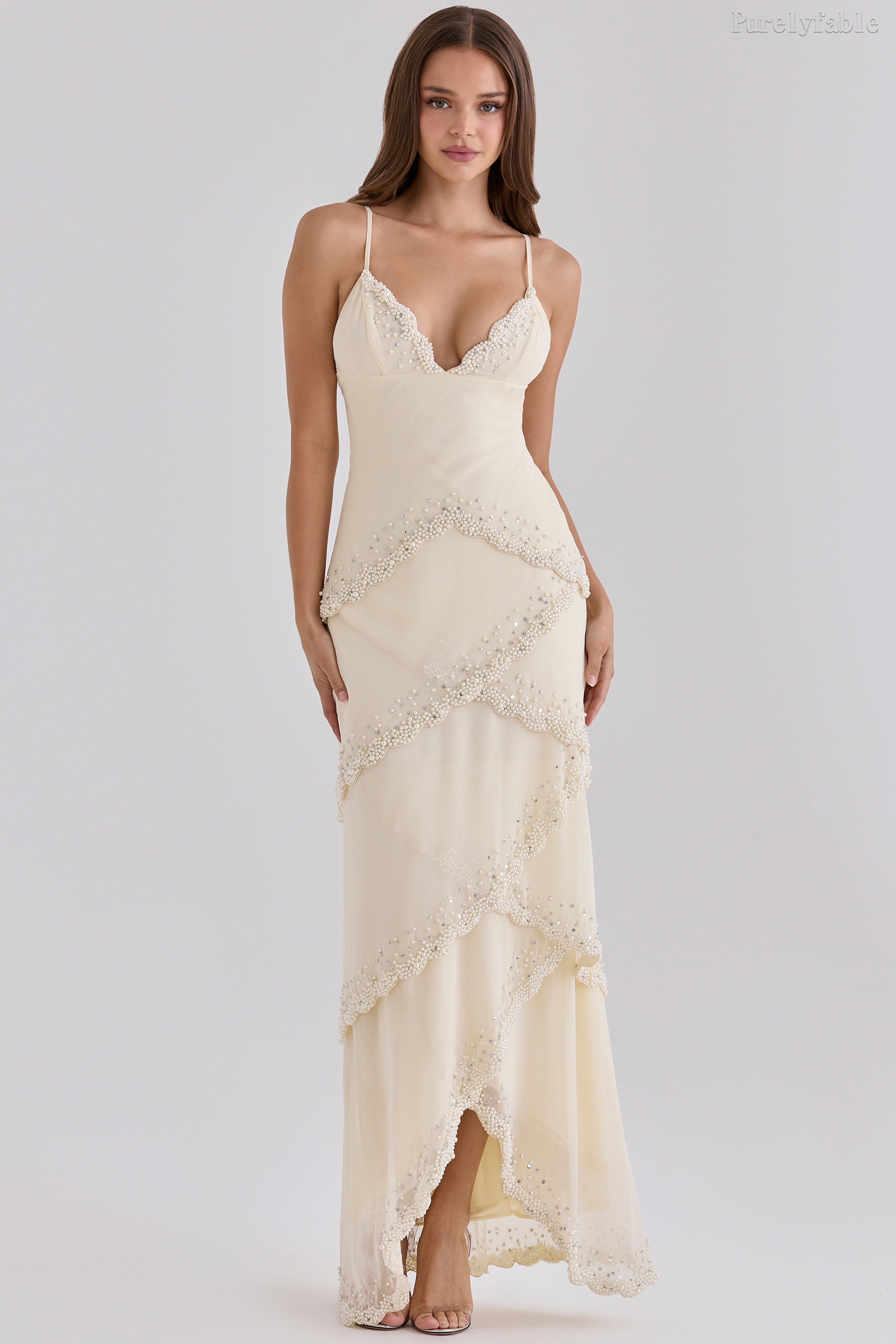 Avalynn White Thin Shoulder Strap Beaded Lace Long Dress