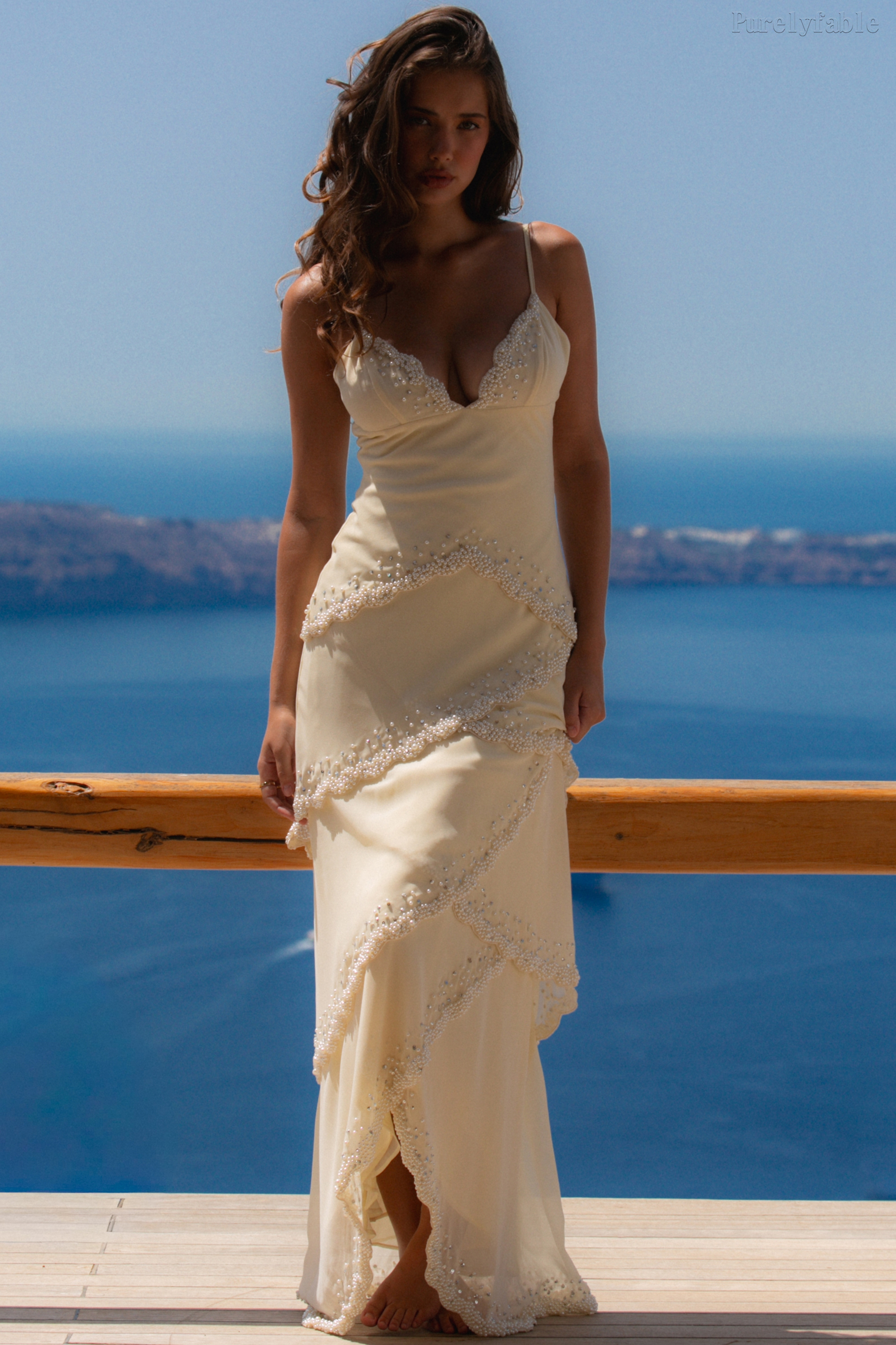 Avalynn White Thin Shoulder Strap Beaded Lace Long Dress