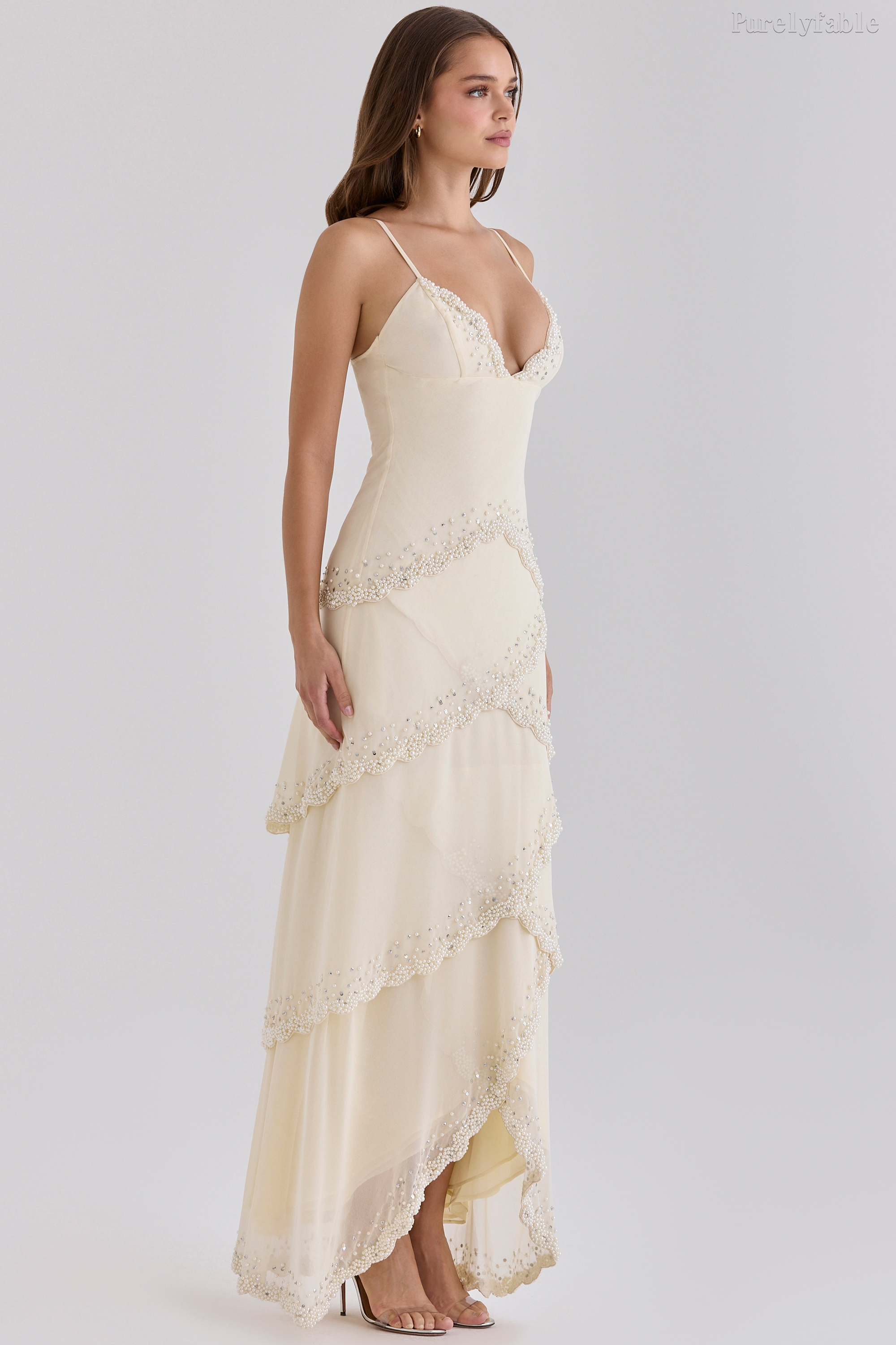 Avalynn White Thin Shoulder Strap Beaded Lace Long Dress