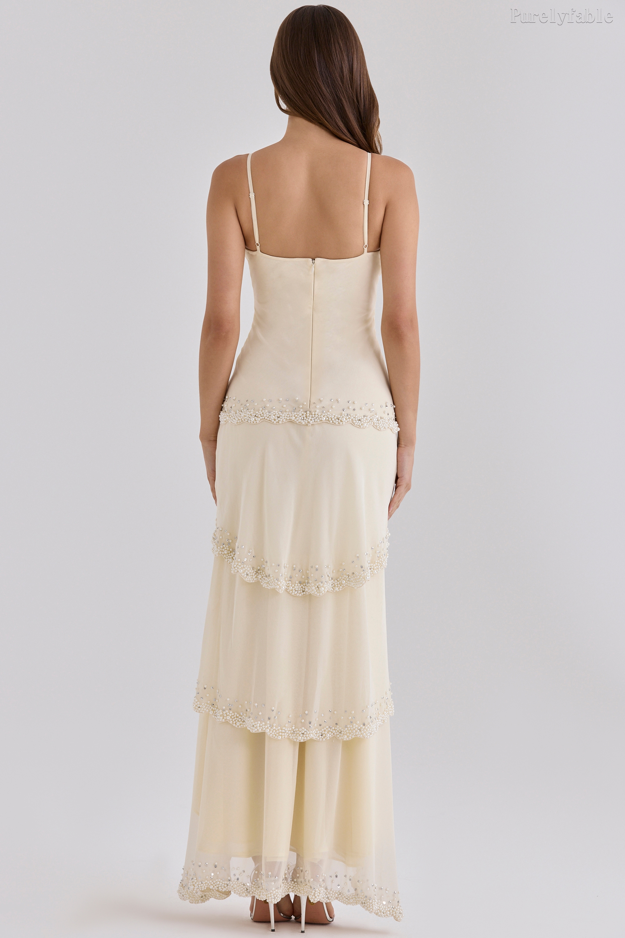Avalynn White Thin Shoulder Strap Beaded Lace Long Dress
