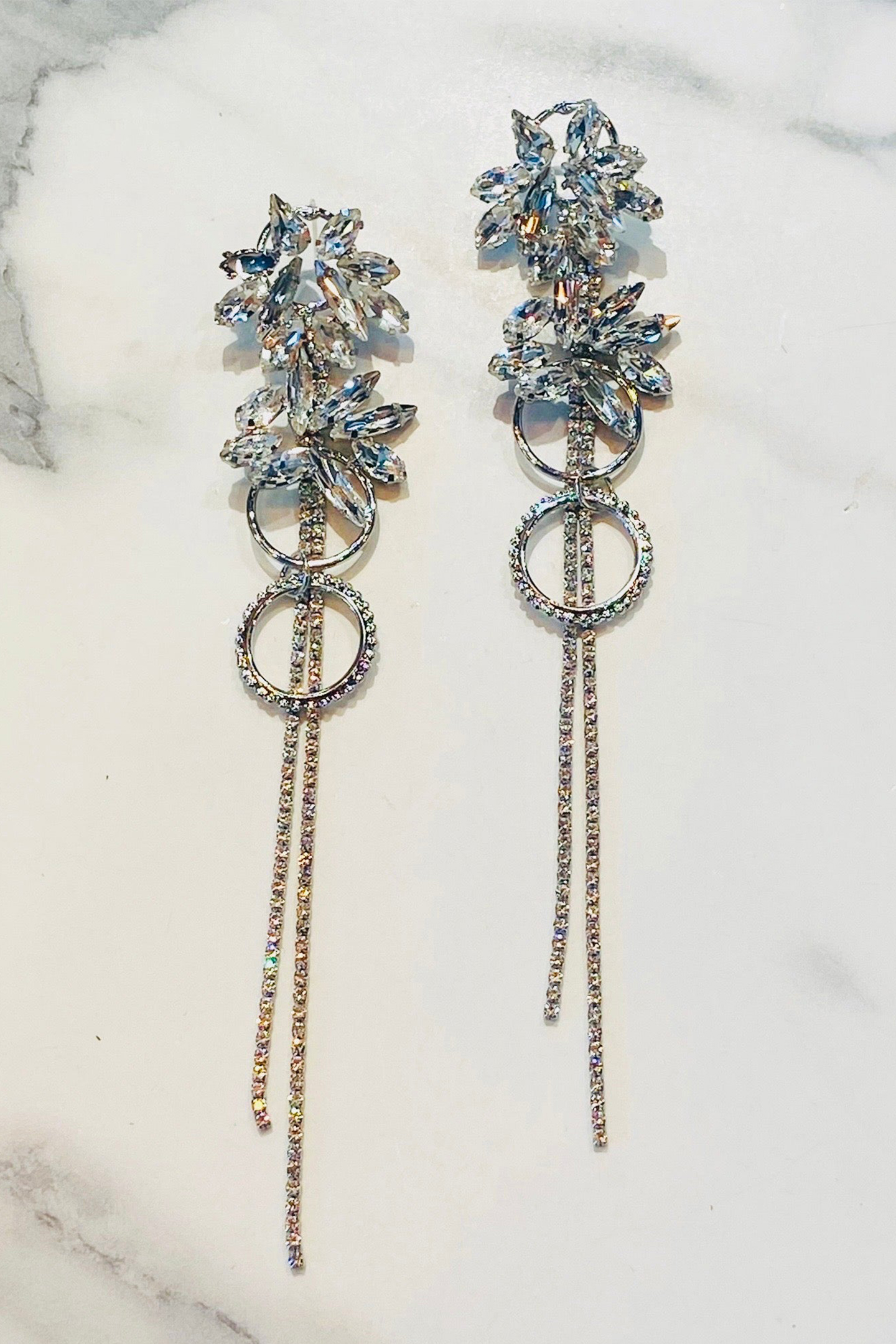 Crystal Flower Tassel Drop Earrings-purelyfable