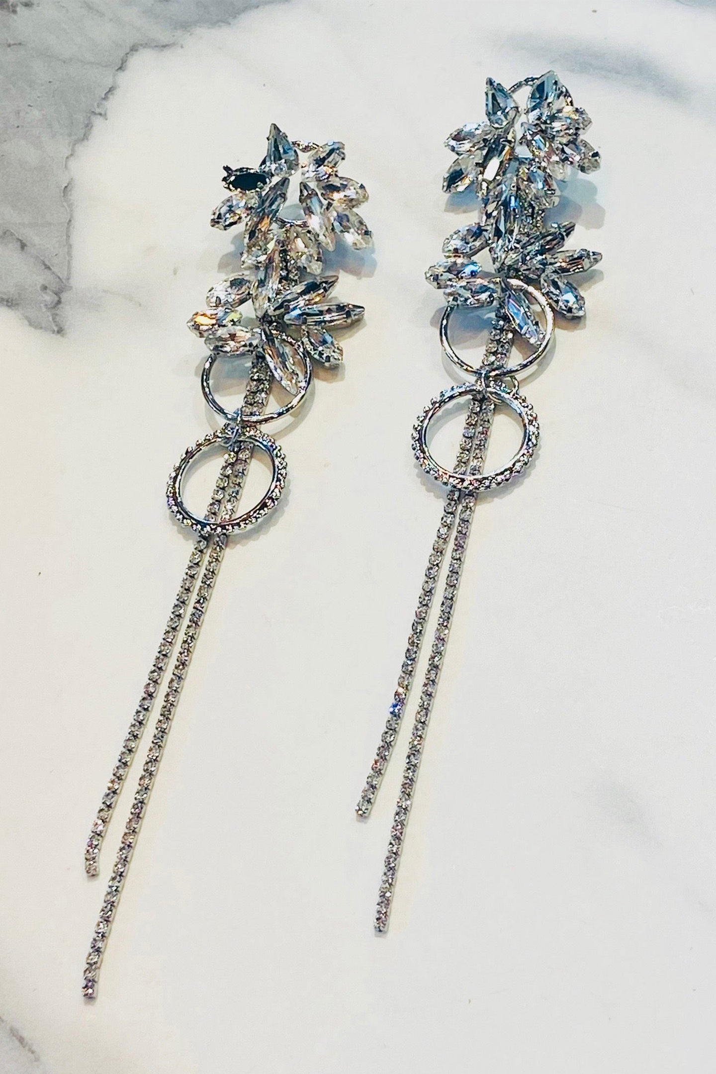 Crystal Flower Tassel Drop Earrings-purelyfable