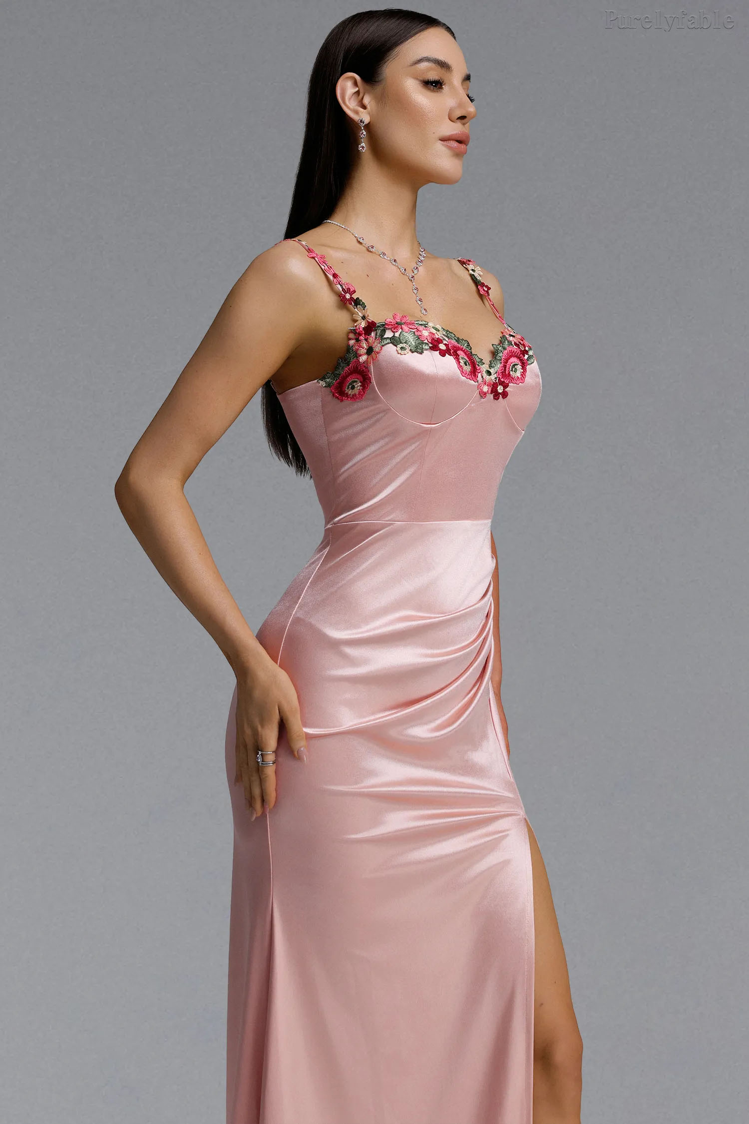 Arianna Pink Satin Strap Evening Dress
