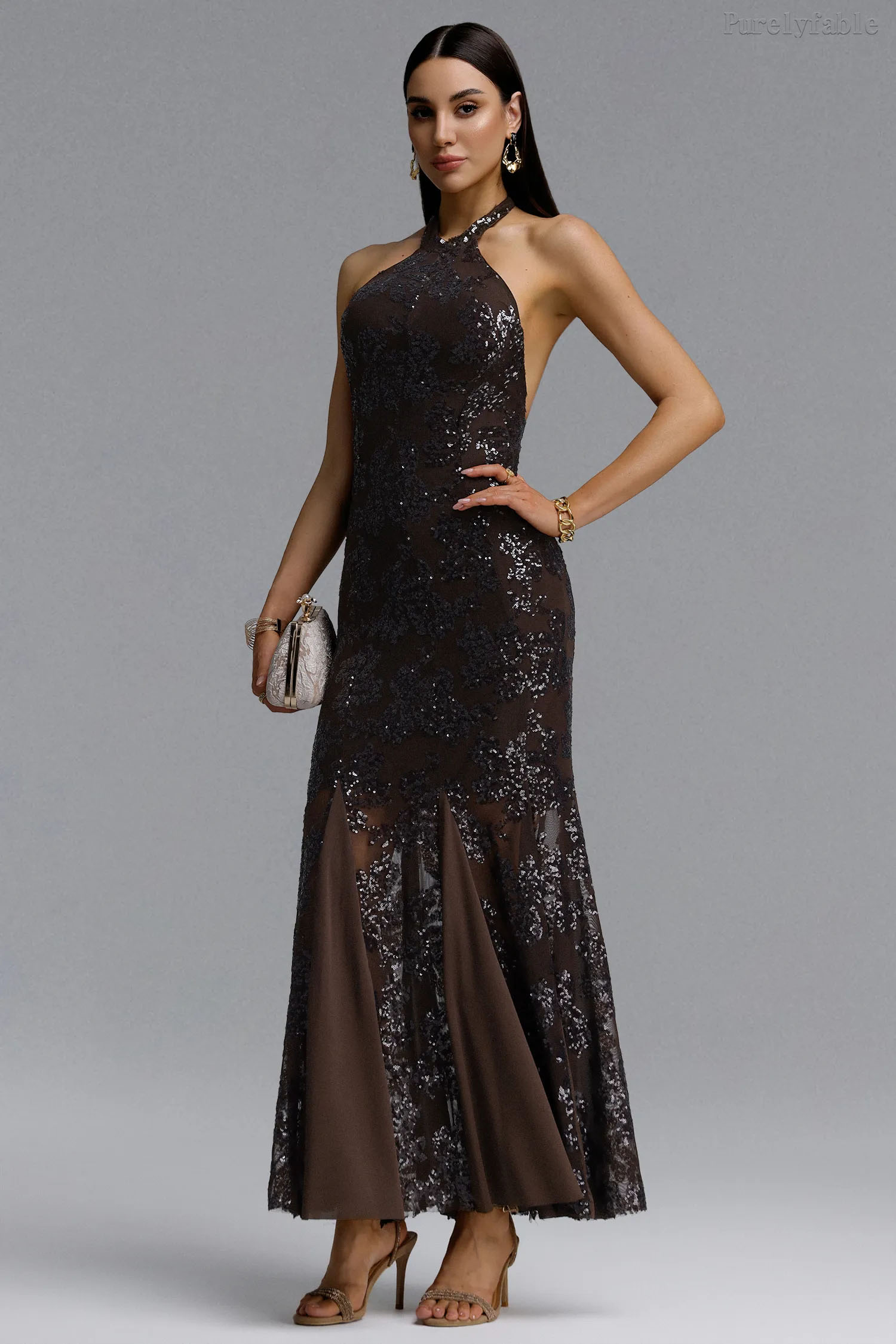 Aleah Brown Sequined Fish Tail Long Dress