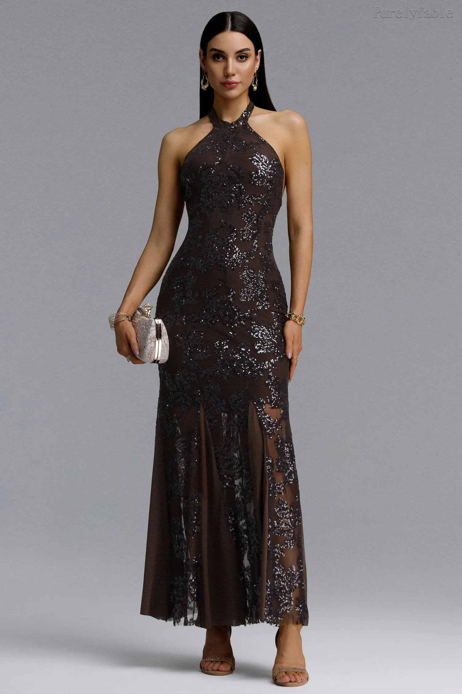 Aleah Brown Sequined Fish Tail Long Dress