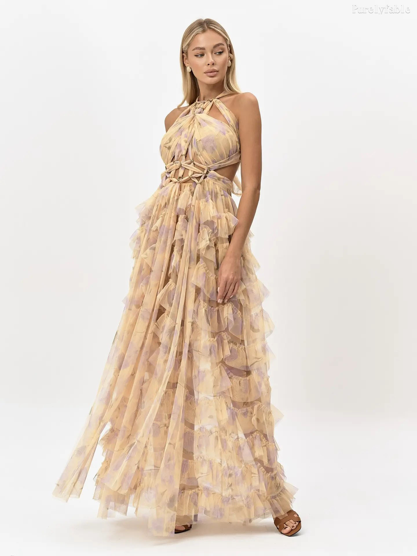 Isolde Brown Neckline Opened Lotus-Leaf Edge Skirt