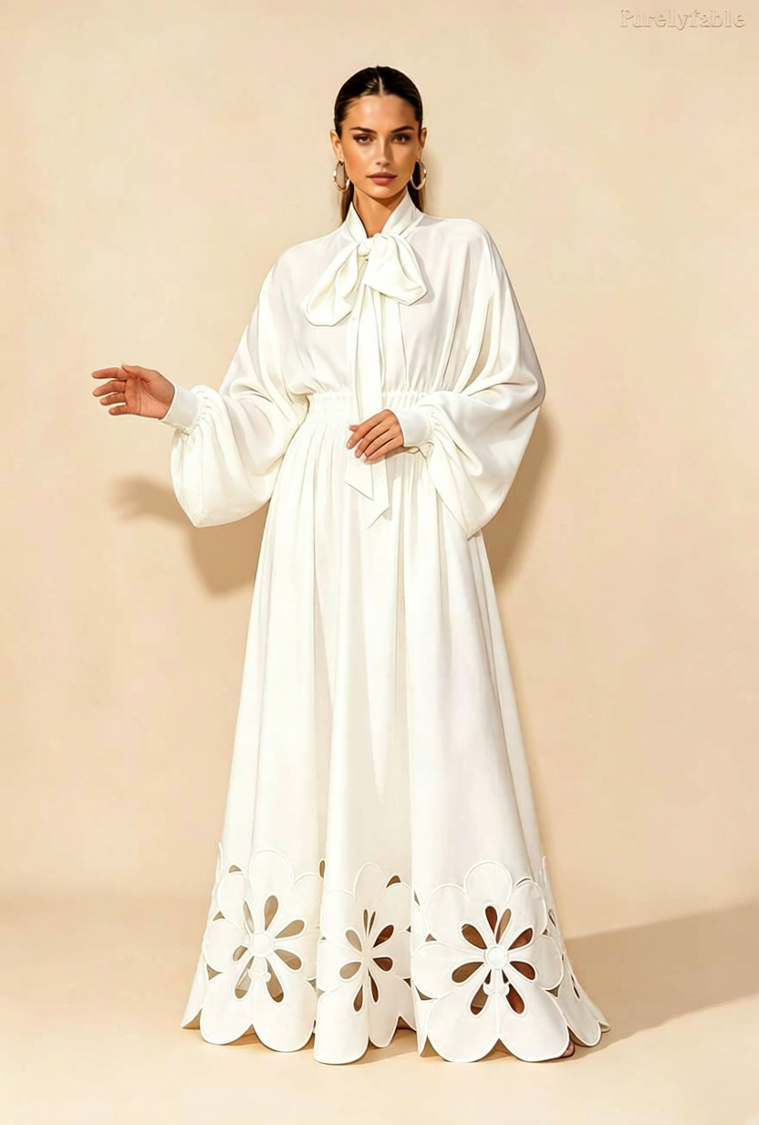 Daphne White Bow Collar Lantern Sleeve Hollow Dress