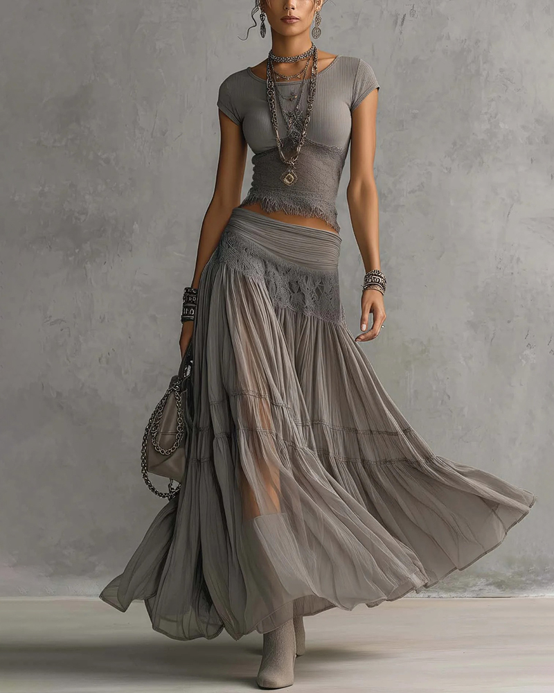 Kira Grey Round Neck Tops and Skirts Two Piece Set