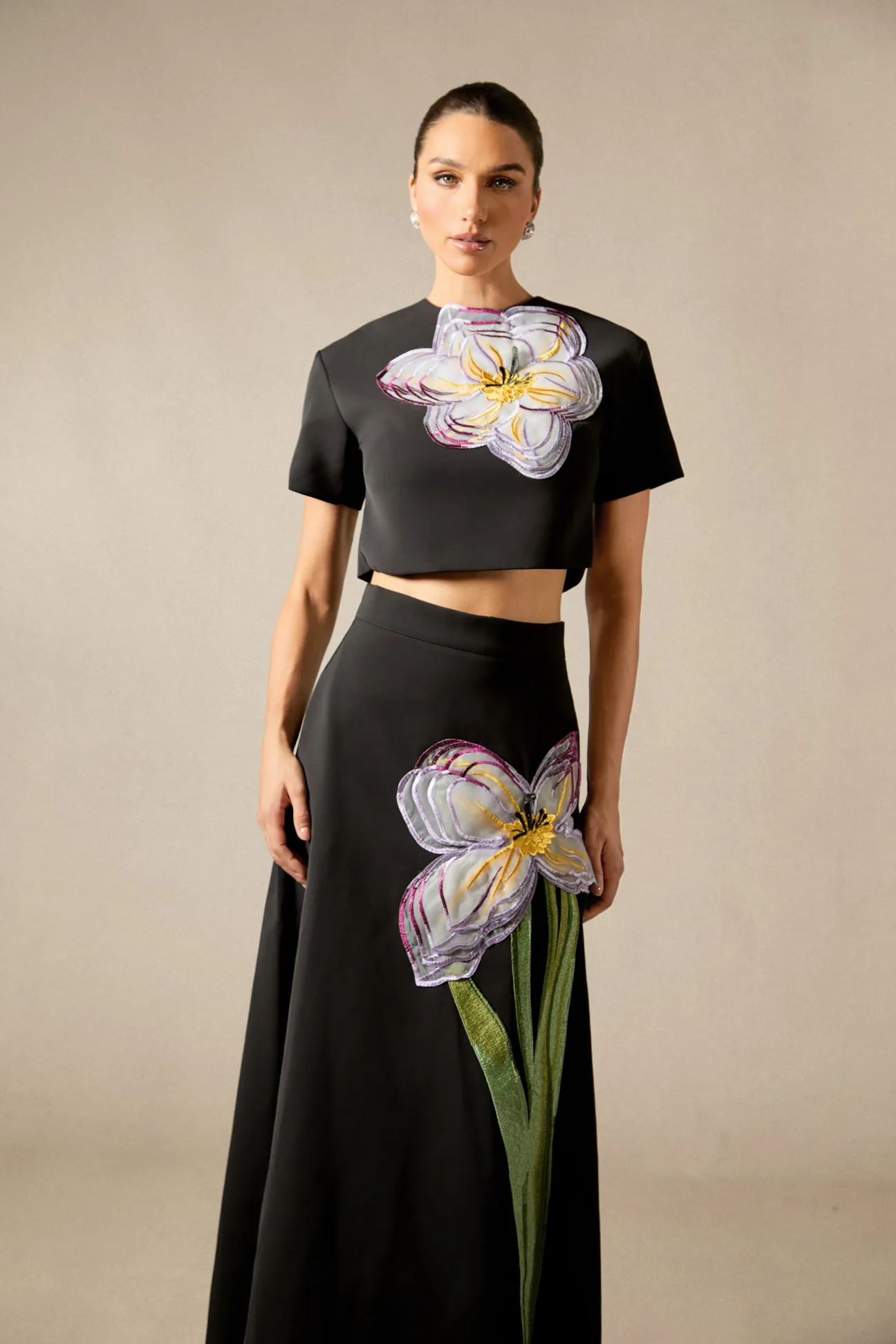 Angelica Floral Applique Short Sleeve Top & Skirt Set