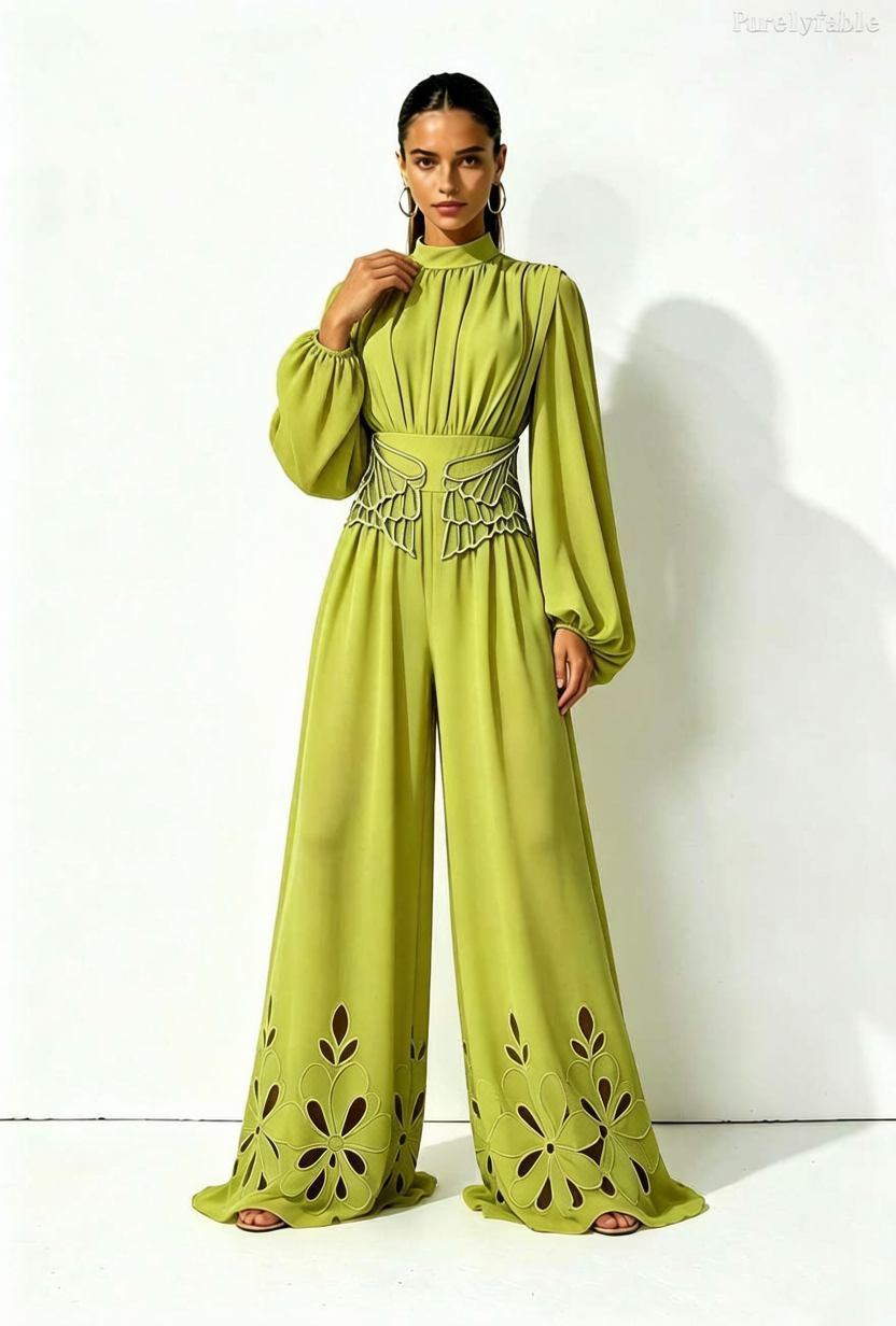 Cosima Green Iantern Sleeve Hollowed Out Floral Jumpsuit