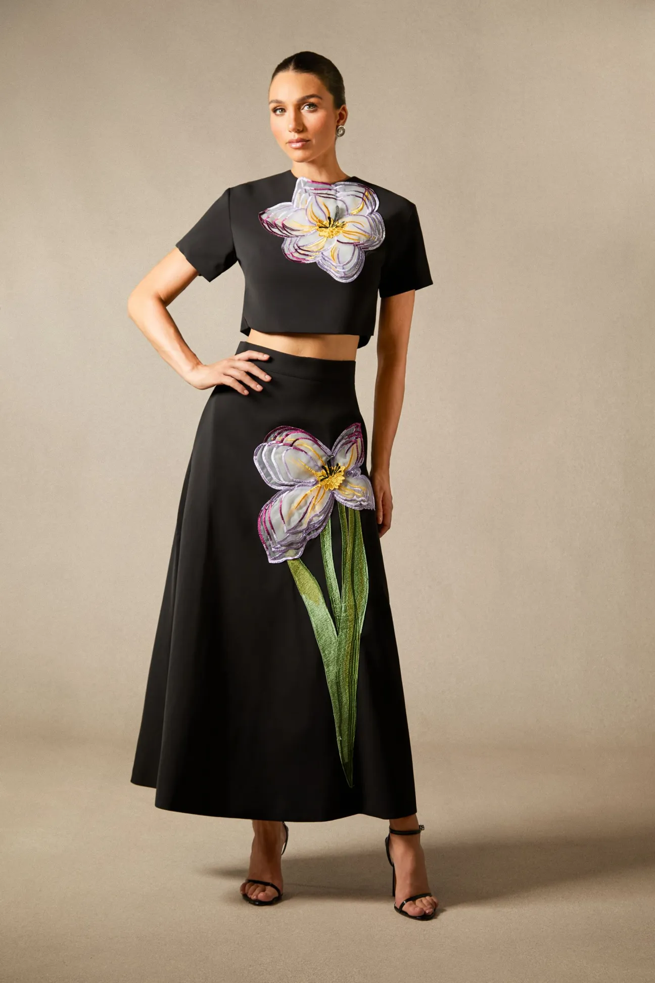Angelica Floral Applique Short Sleeve Top & Skirt Set