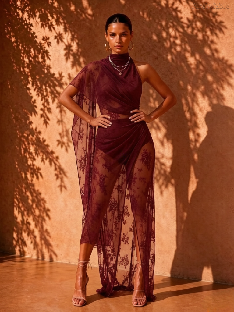 Anais Wine Red Hanging Neck Floral Mesh Dress