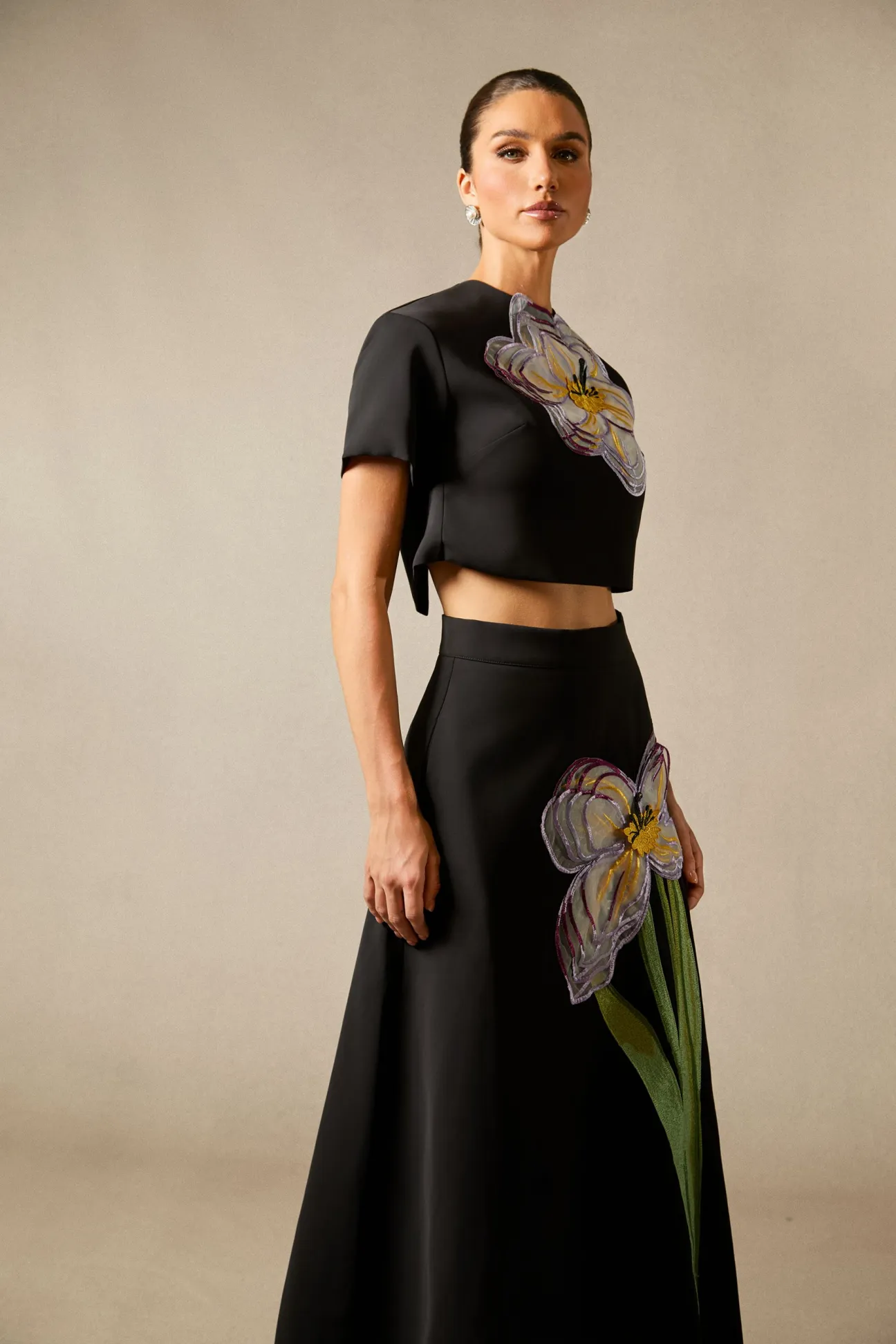 Angelica Floral Applique Short Sleeve Top & Skirt Set