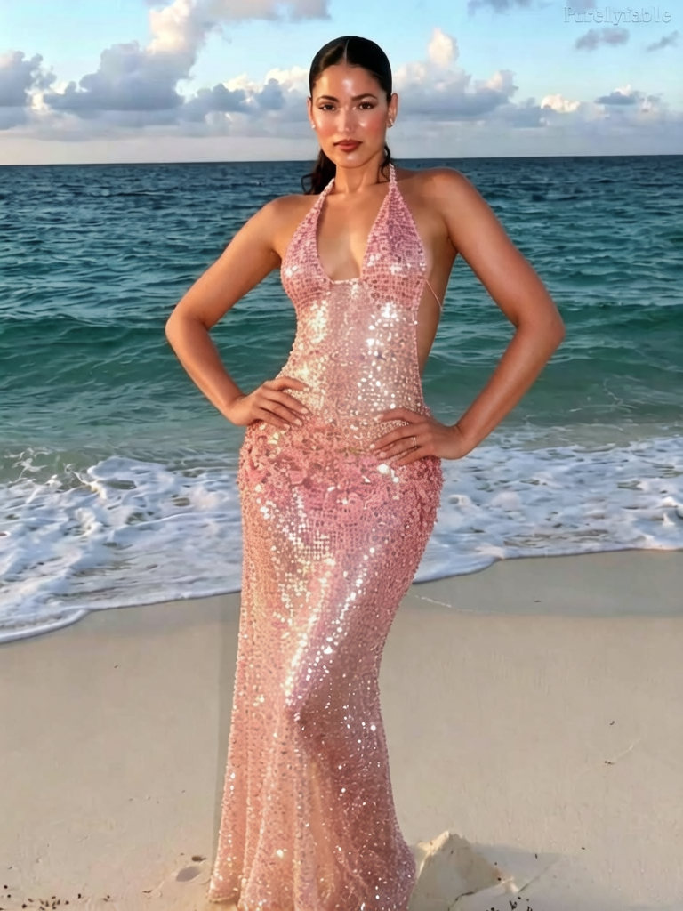 Halle's Pink Halter-Neck Backless Maxi Dress