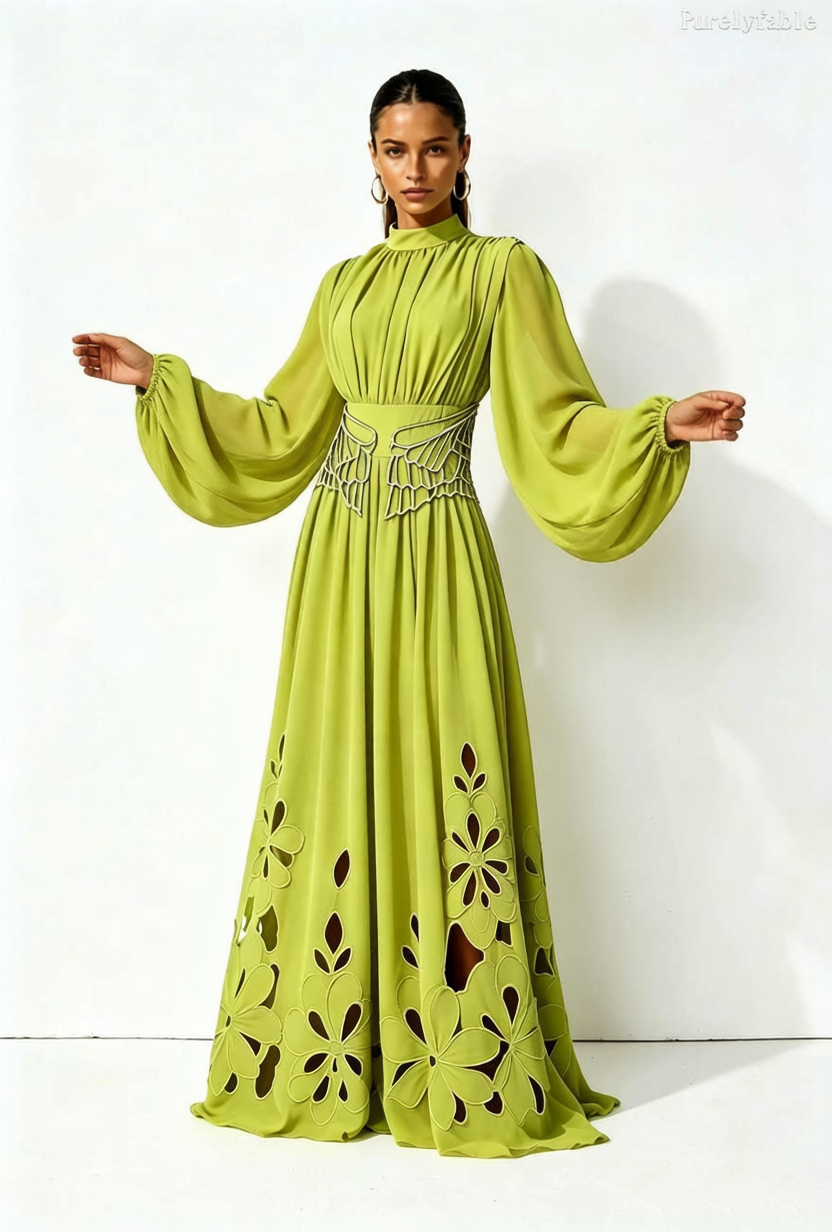 Daphne Green Pleated Small High Neck Bubble Sleeve Dress
