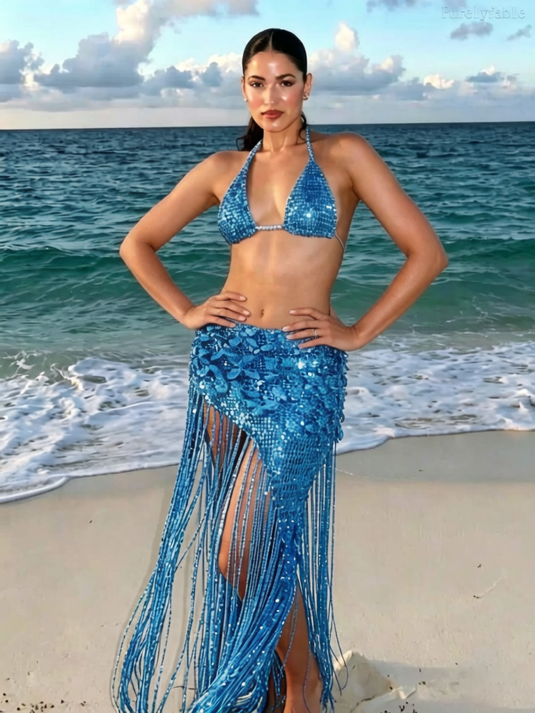 Halle's Sky-Blue Beaded Neck Scarf Dress Set