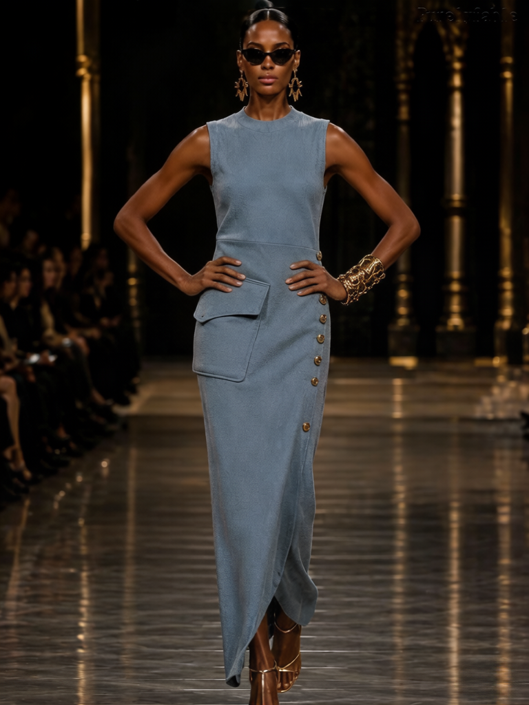 Liliana Blue Half-Neckline Buttoned Dress