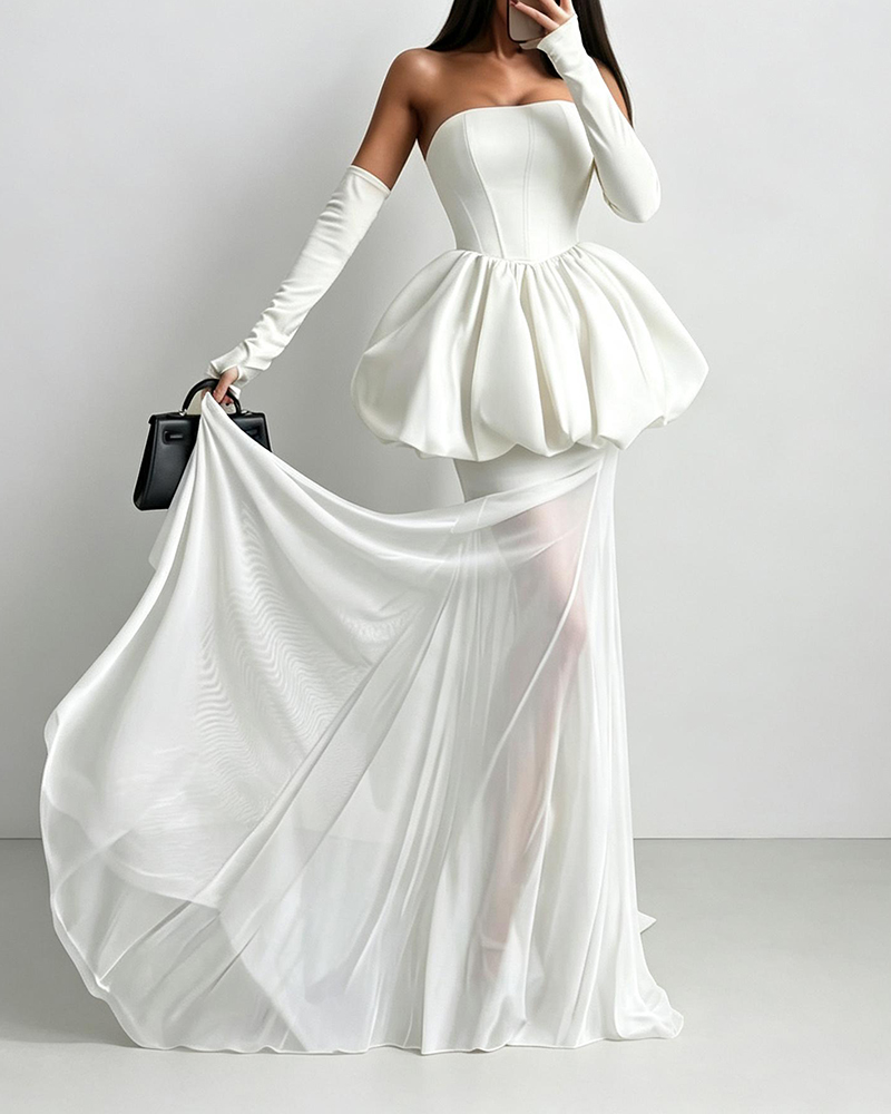 Evangeline White Strapless Ruffled Top and Sheer Tulle Maxi Skirt Two Piece Set 
