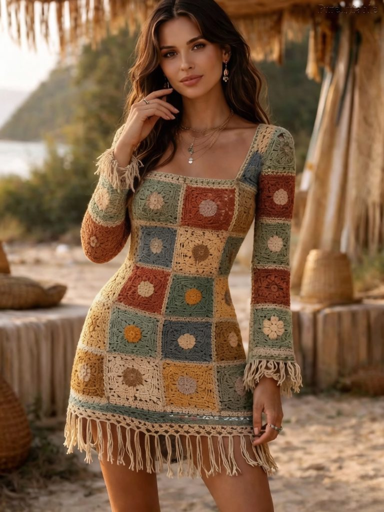 Ada Colourful Square Collar Patchwork Dress