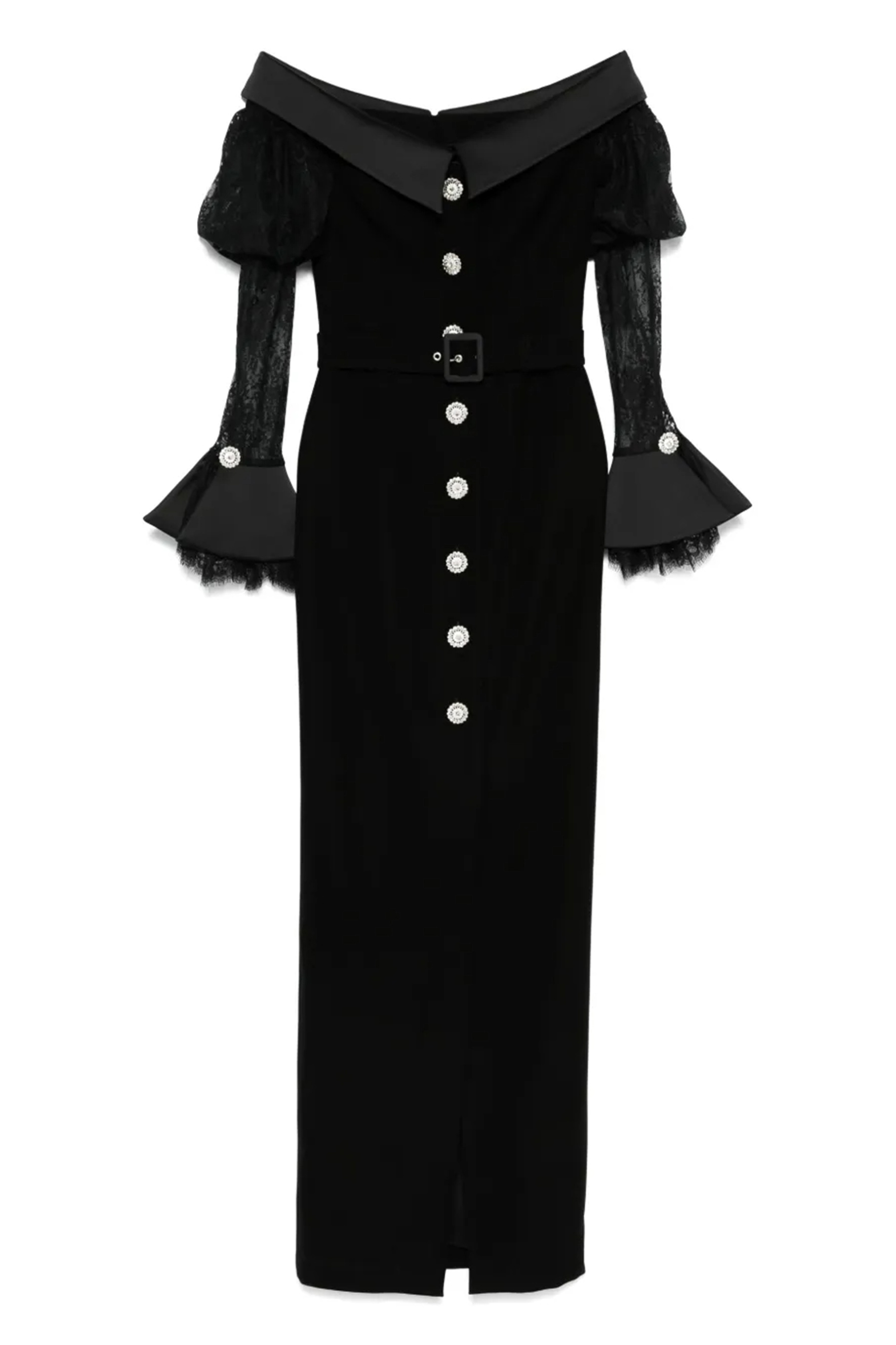 Subtle Allure Black Off Shoulder Lace Sleeve Maxi Dress-purelyfable