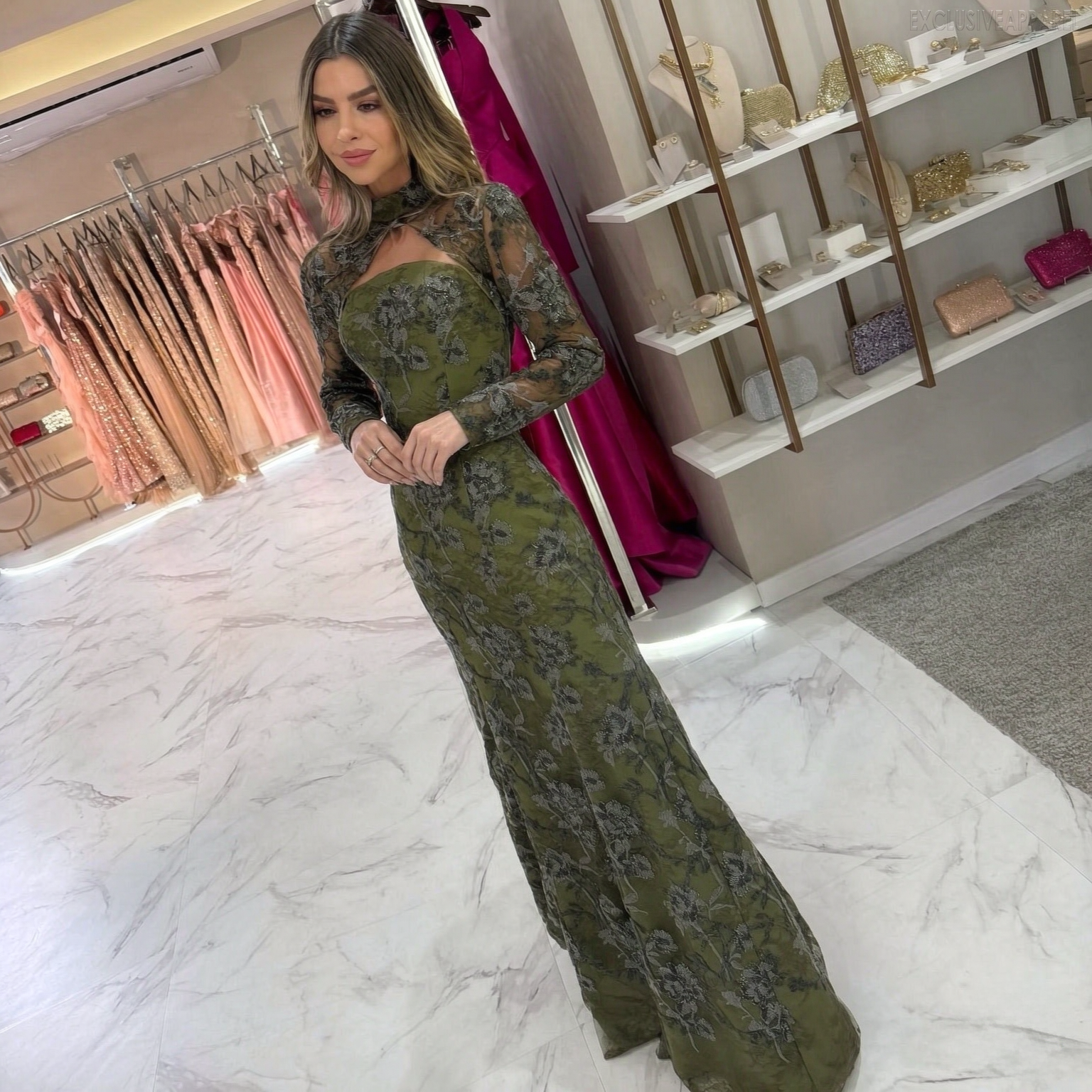 Scarlett Green High-neck Open-Back Fish Tail Dress