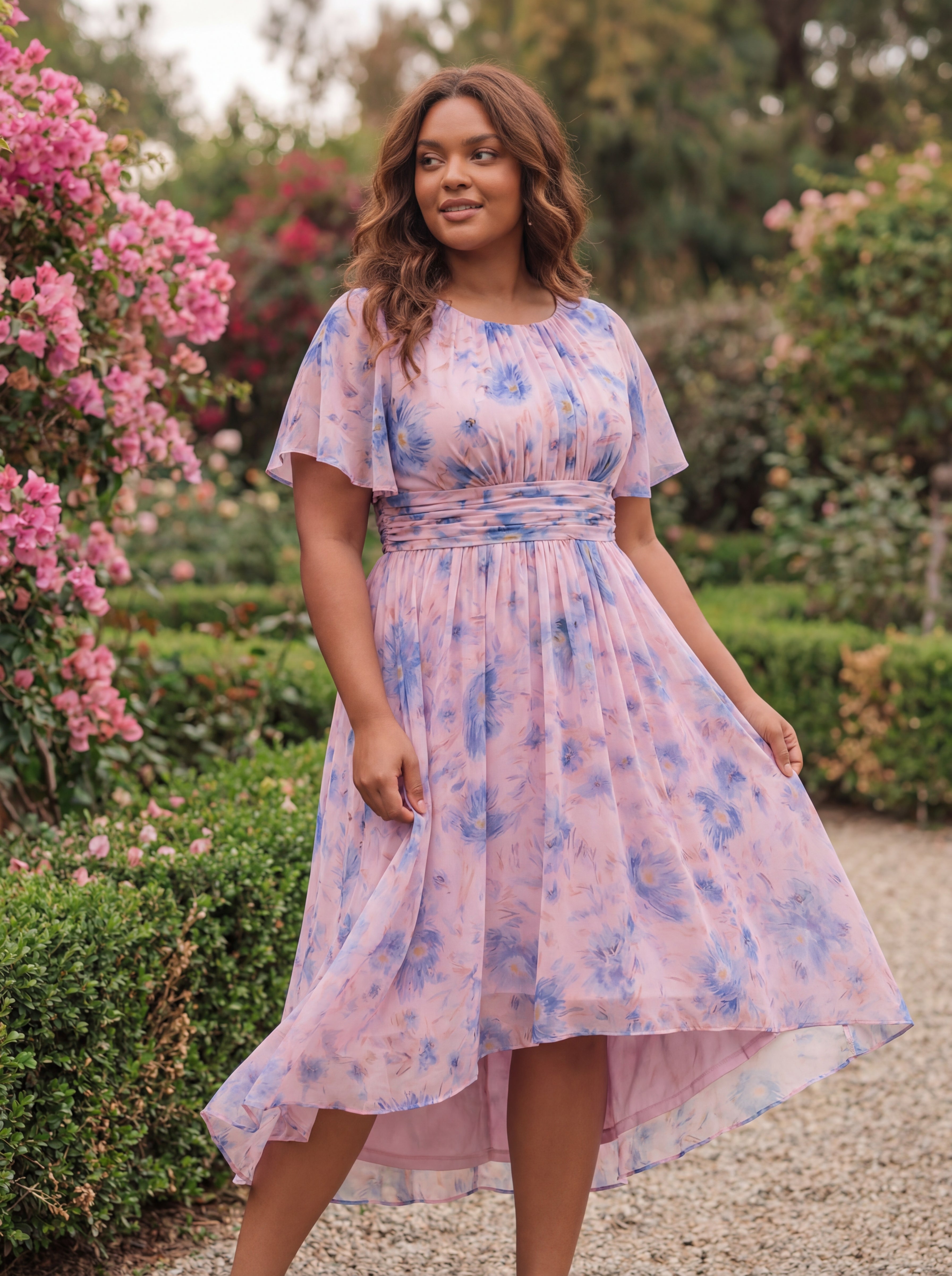 Plus Size Pleated Round Neckline A-Line Midi Chiffon Wedding Guest Dress