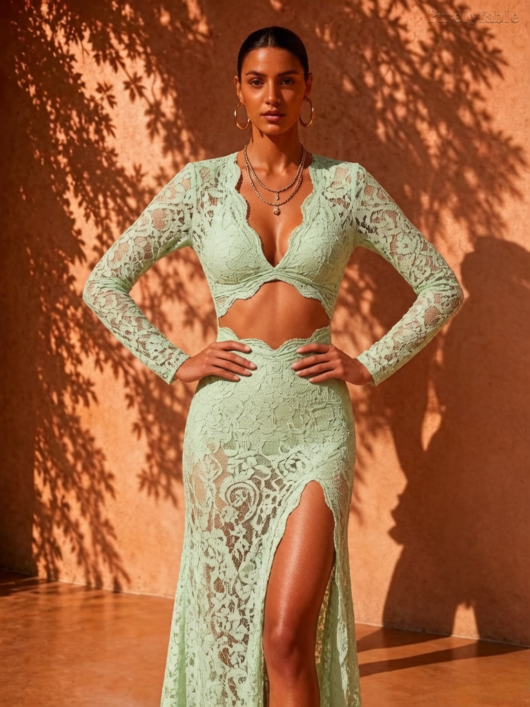 Alora Light Green long Sleeved Lace Two-Piece Dress