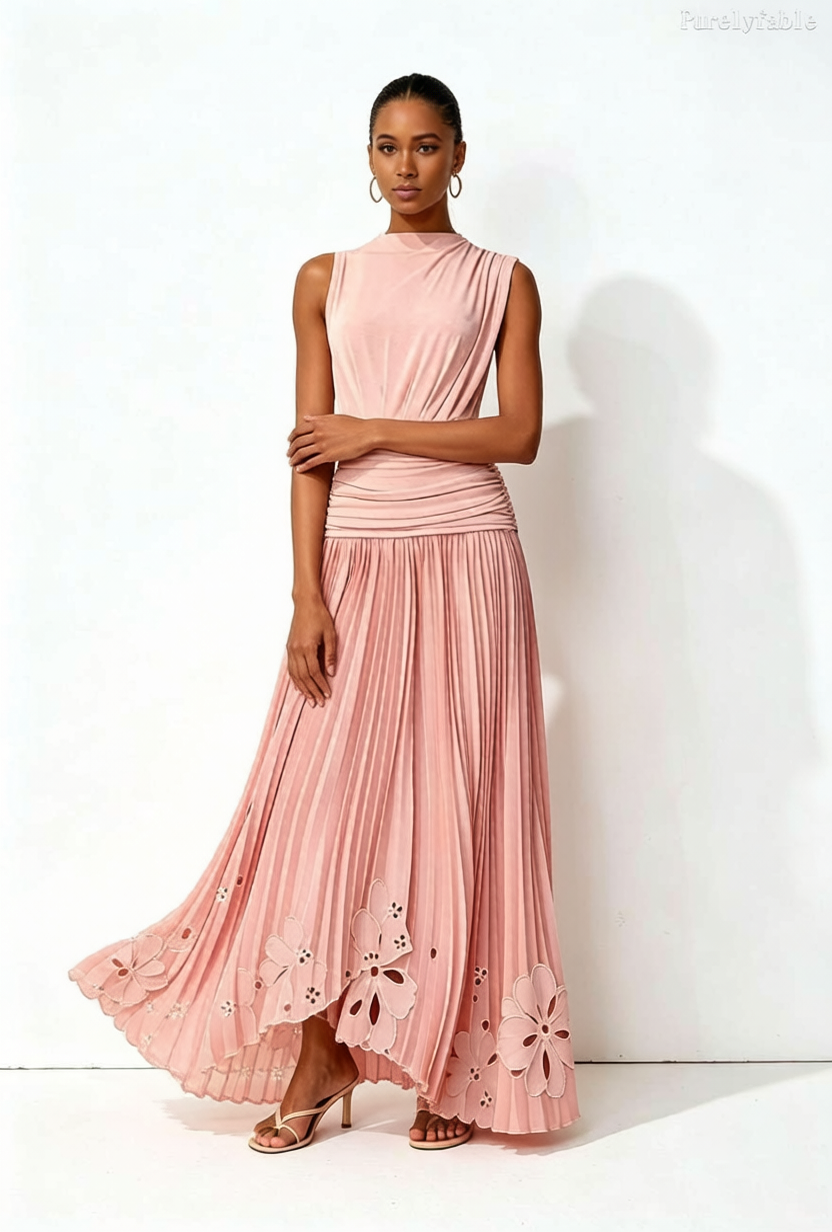 Evanna Pink Sleeveless Half high Neck Floral Dress