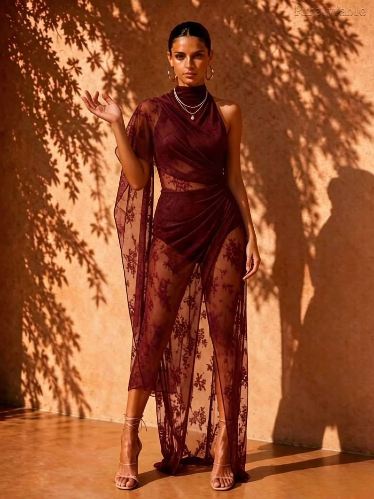Anais Wine Red Hanging Neck Floral Mesh Dress