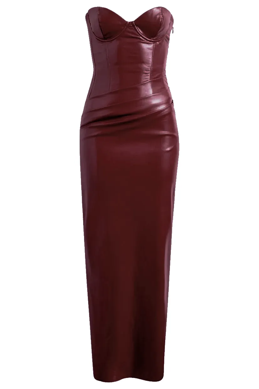 Denise Strapless Ruched Faux Leather Maxi Dress-purelyfable