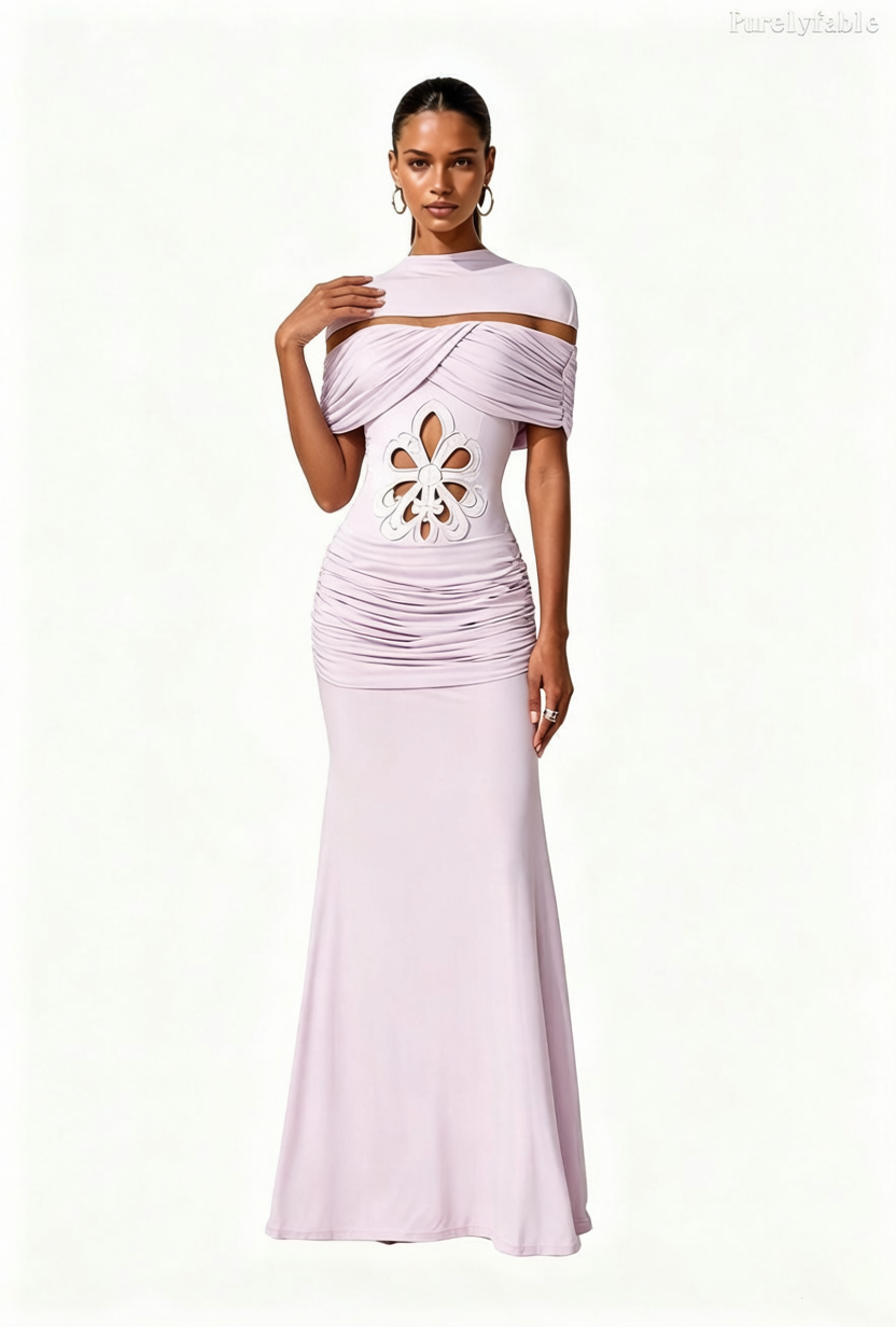 Daphne Pink Off Shoulder Cut Hollow Flower Dress