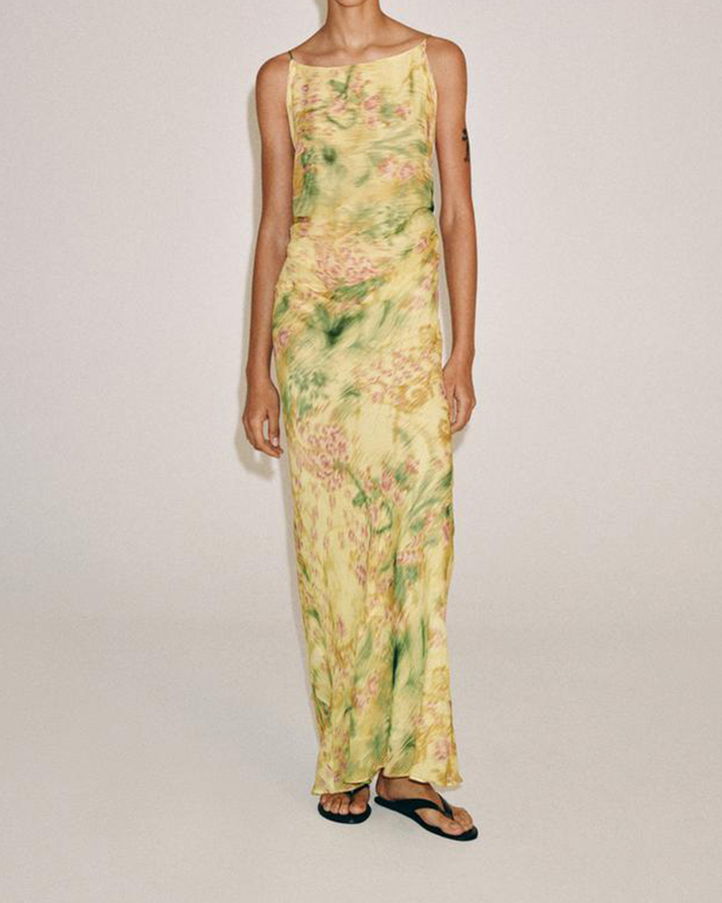 Aura Yellow watercolor floral slip dress
