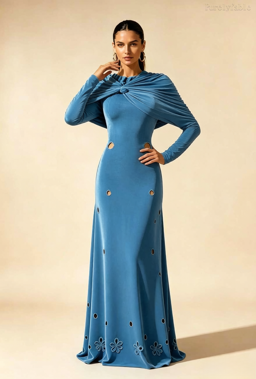 Daphne Blue Long Sleeve Hollow Flower Tail Dress