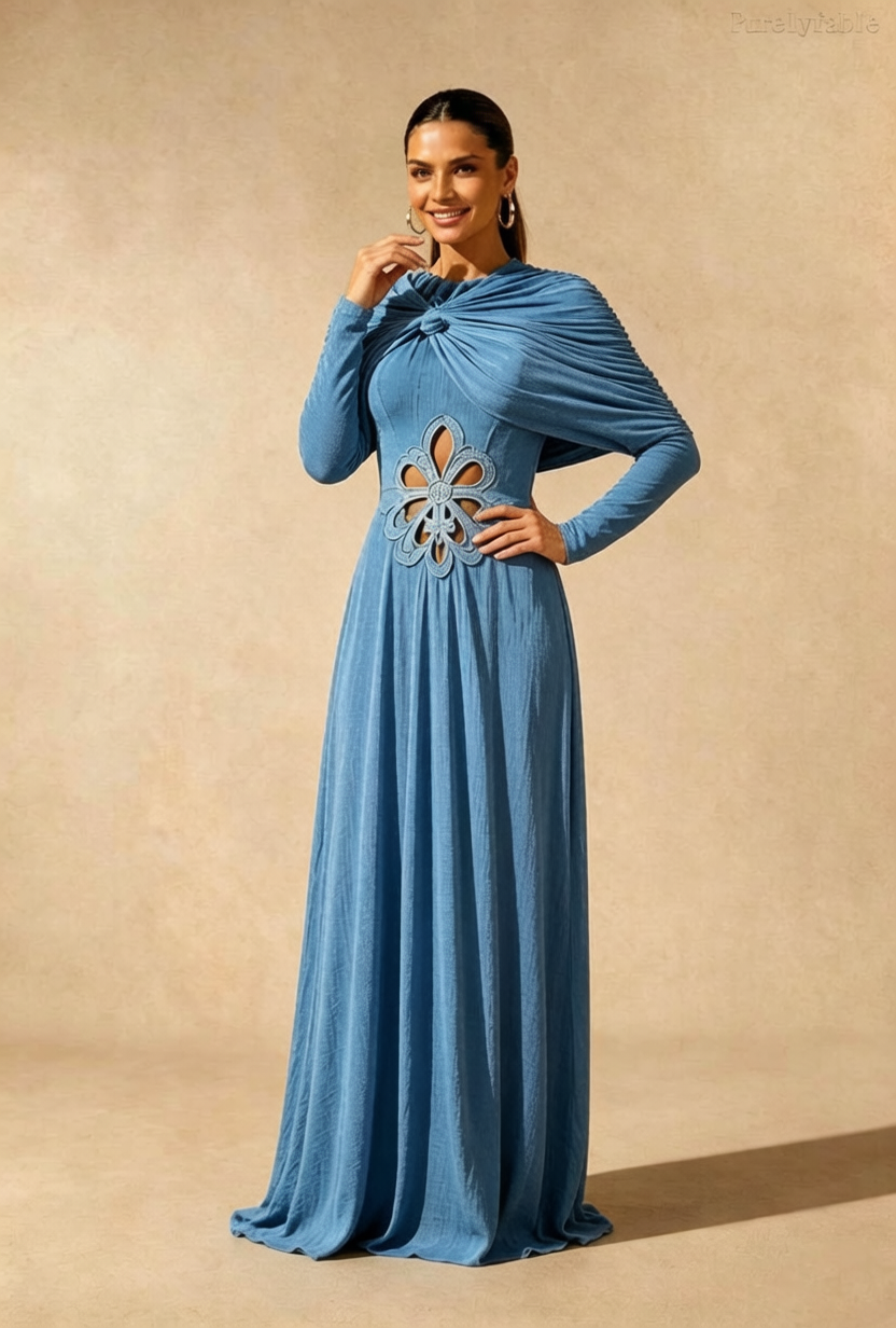 Daphne Blue Twisted Stand up Collar Drawn Long Sleeve Dress