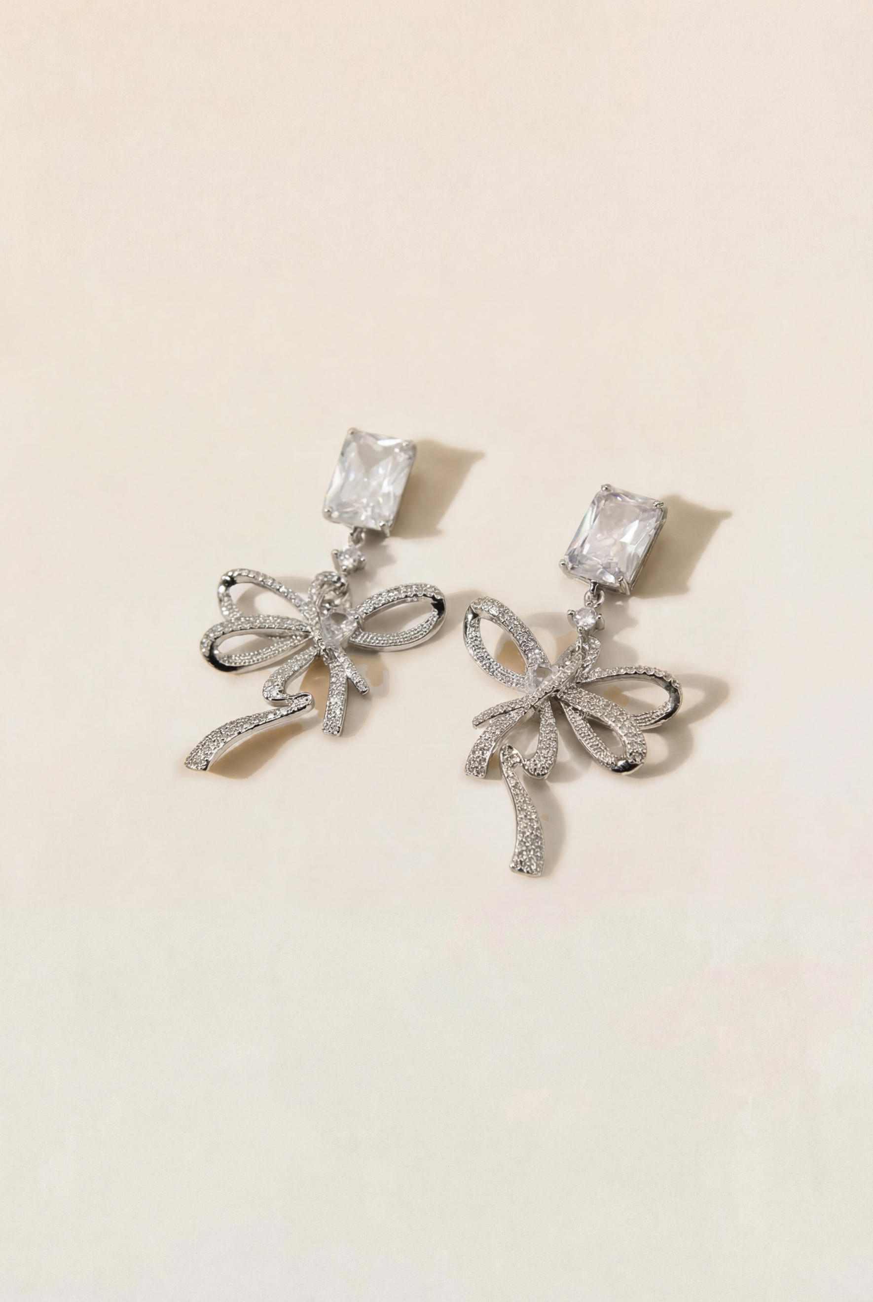 Rhinestone Ribbon Bow Drop Earrings-purelyfable
