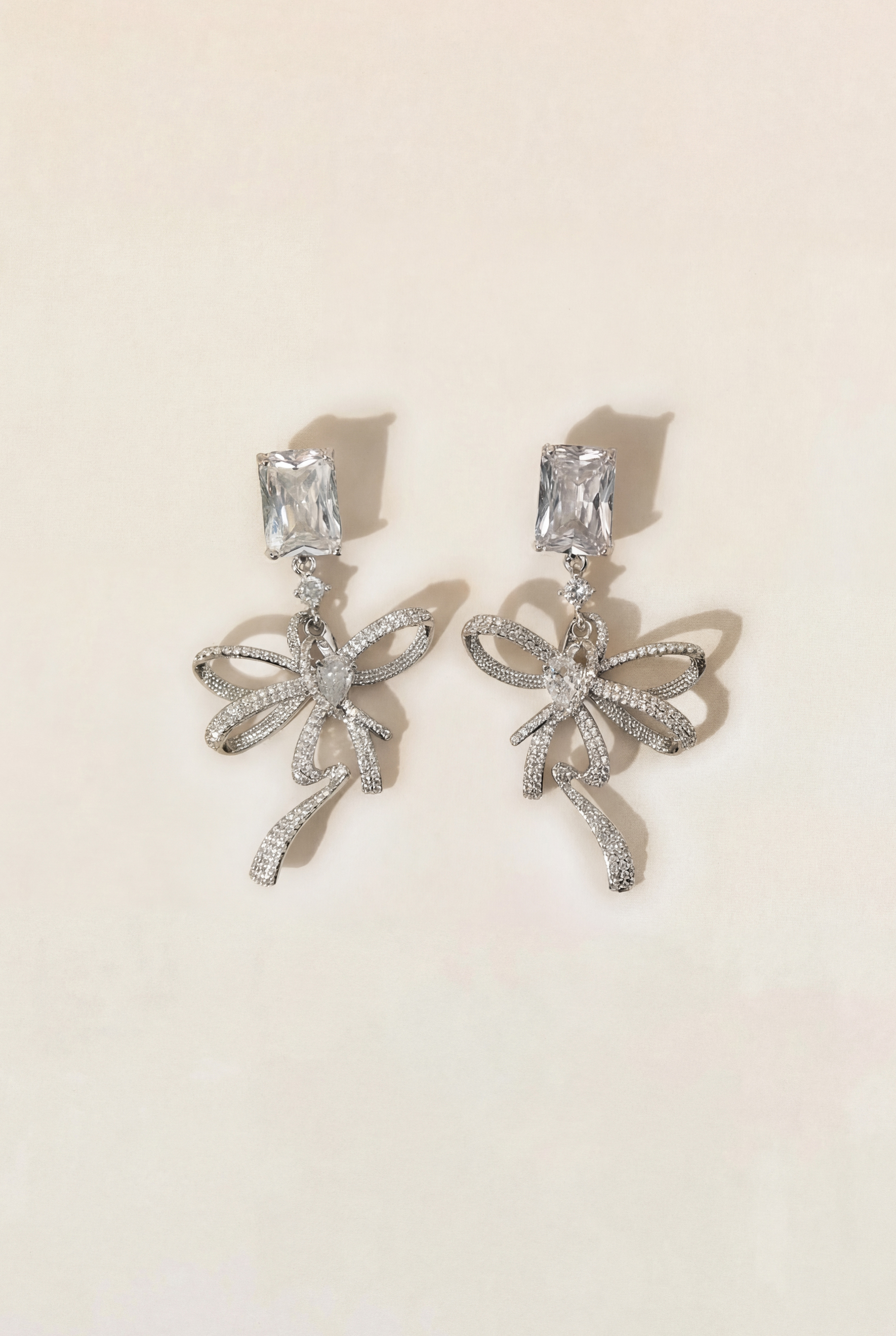 Rhinestone Ribbon Bow Drop Earrings-purelyfable
