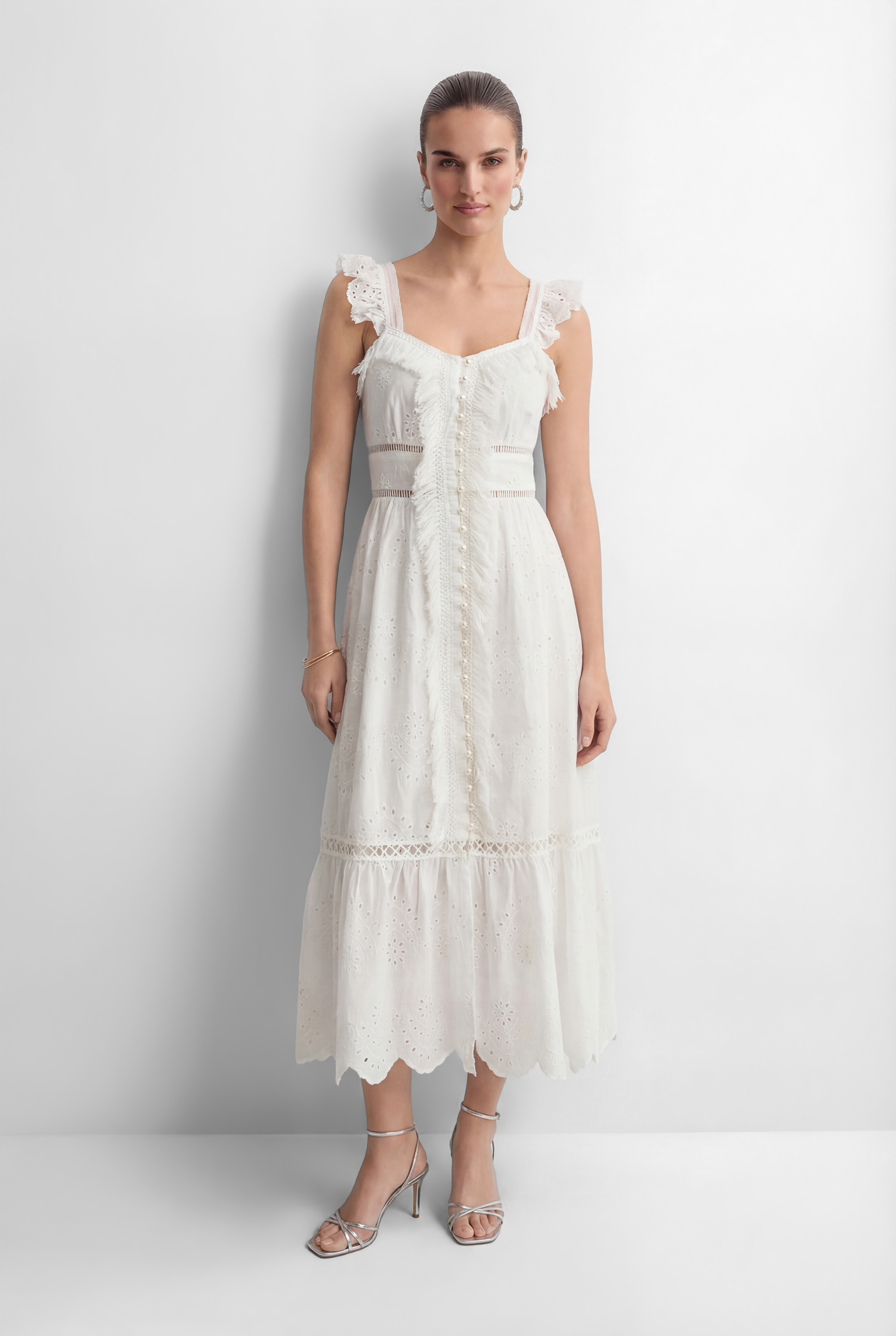 Coveted Confidence White Eyelet Embroidery Ruffled Strap Maxi Dress-purelyfable