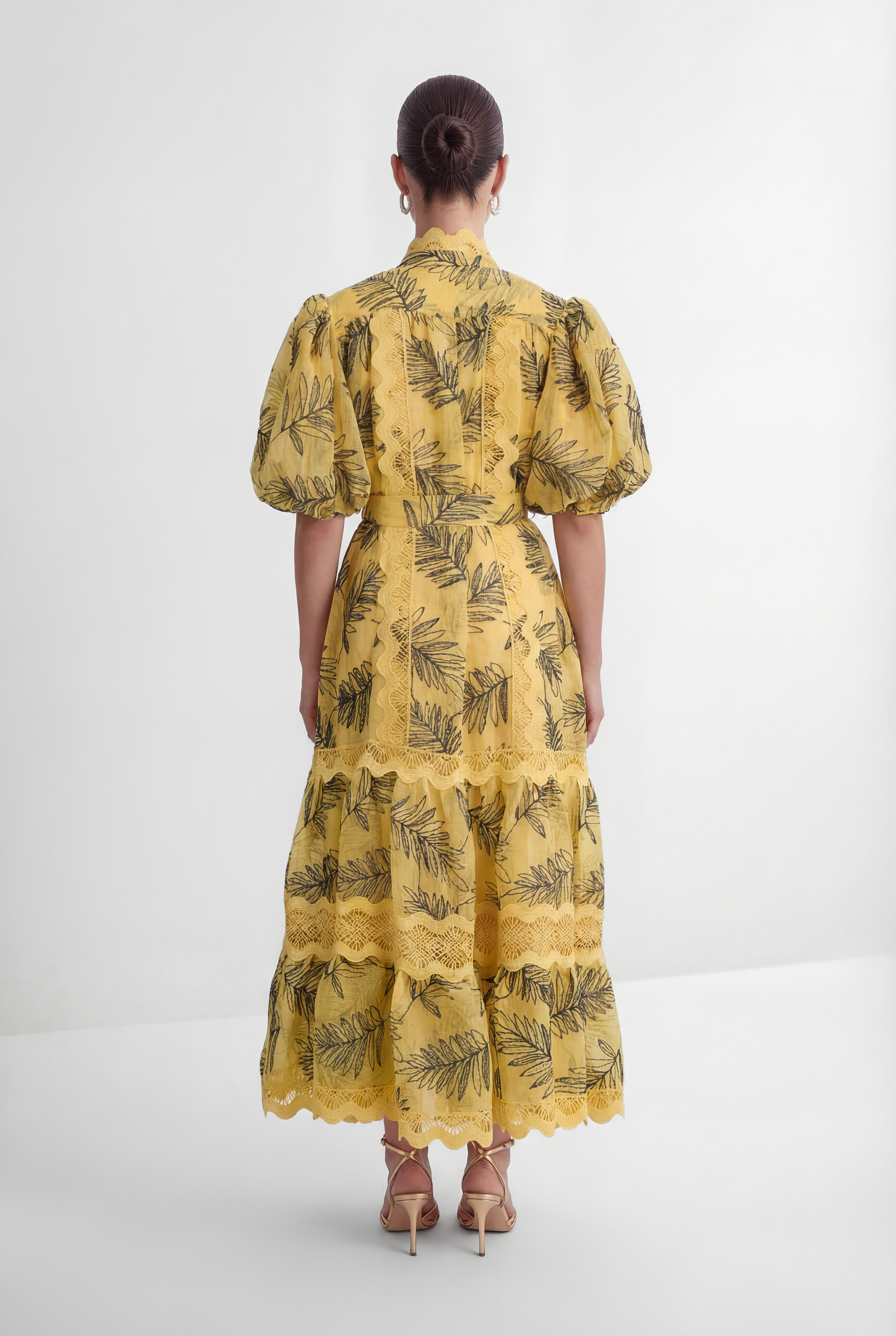 In The Palace Yellow Leaf Print Puff Sleeve Maxi Dress-purelyfable