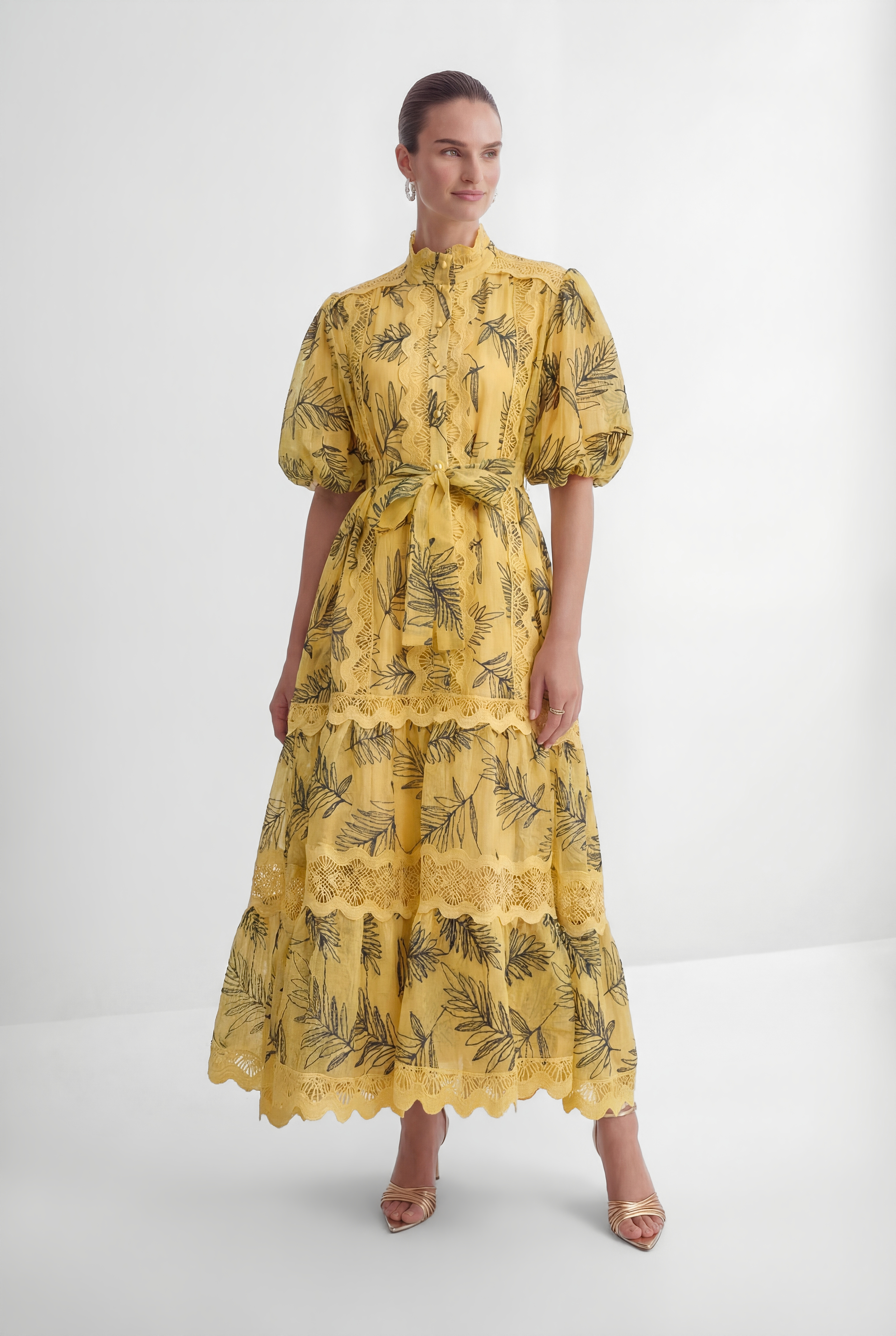 In The Palace Yellow Leaf Print Puff Sleeve Maxi Dress-purelyfable