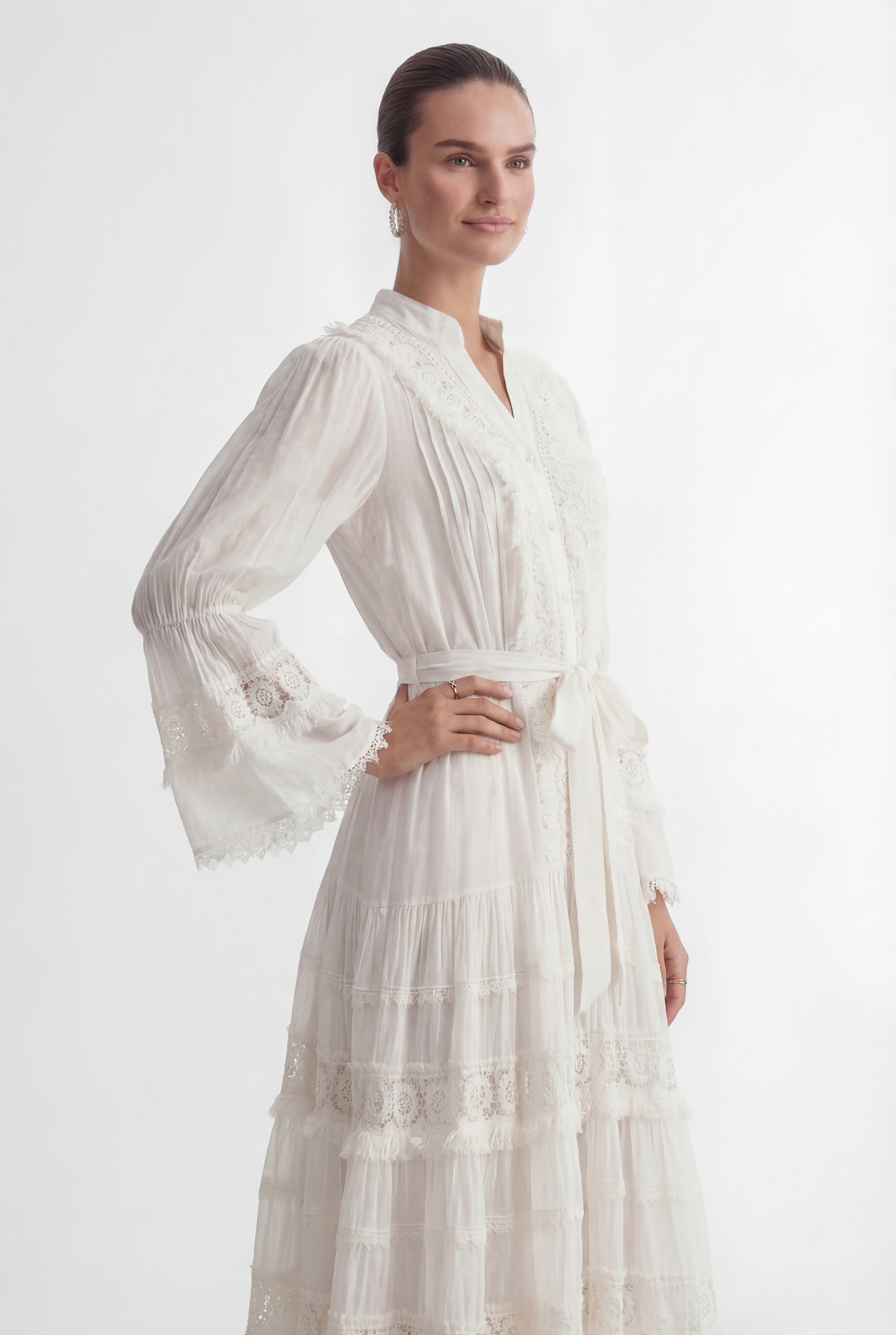 Graceful Darling White Floral Lace Bell Sleeve Maxi Dress-purelyfable