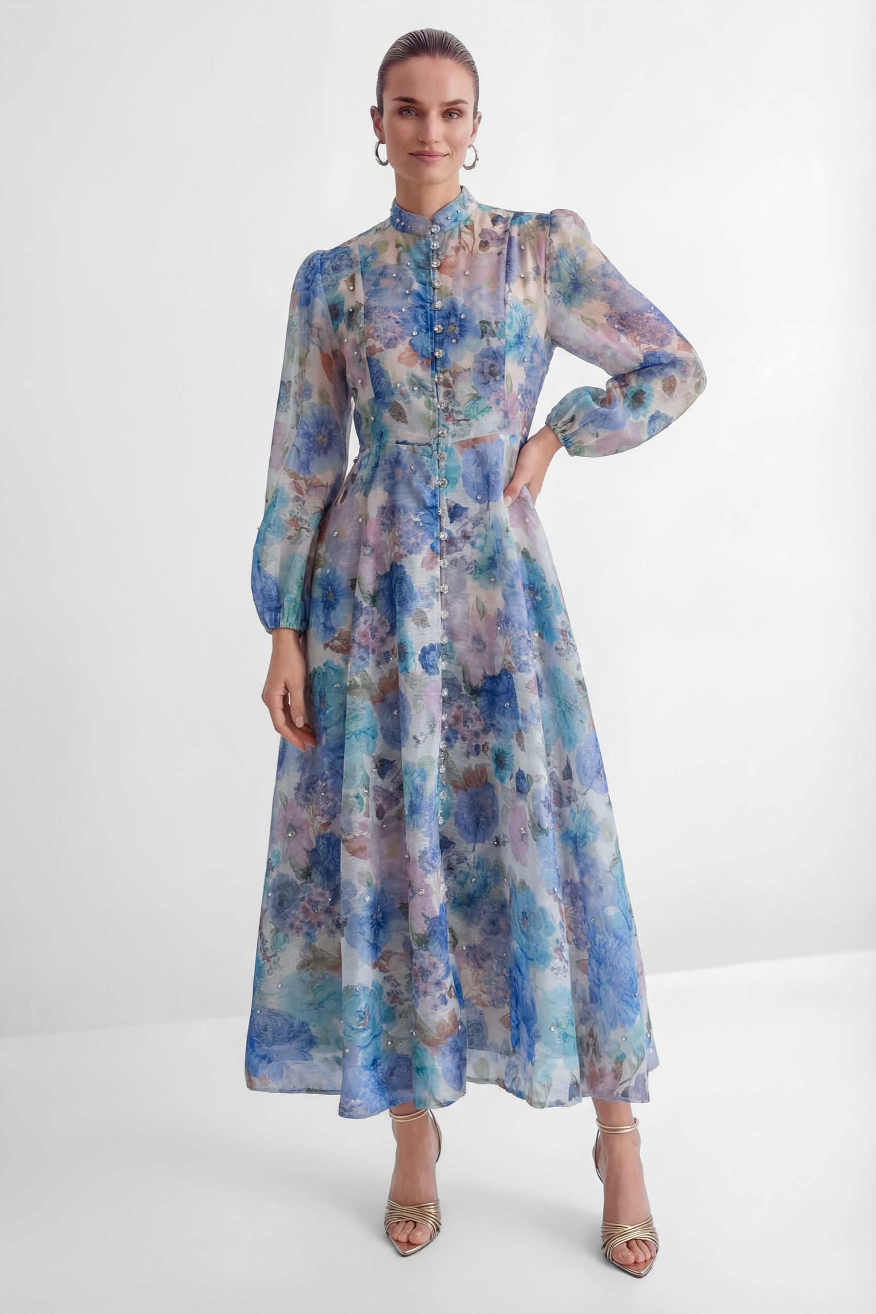 Love Breezy Blue Floral Print Rhinestone Embellished Maxi Dress-purelyfable