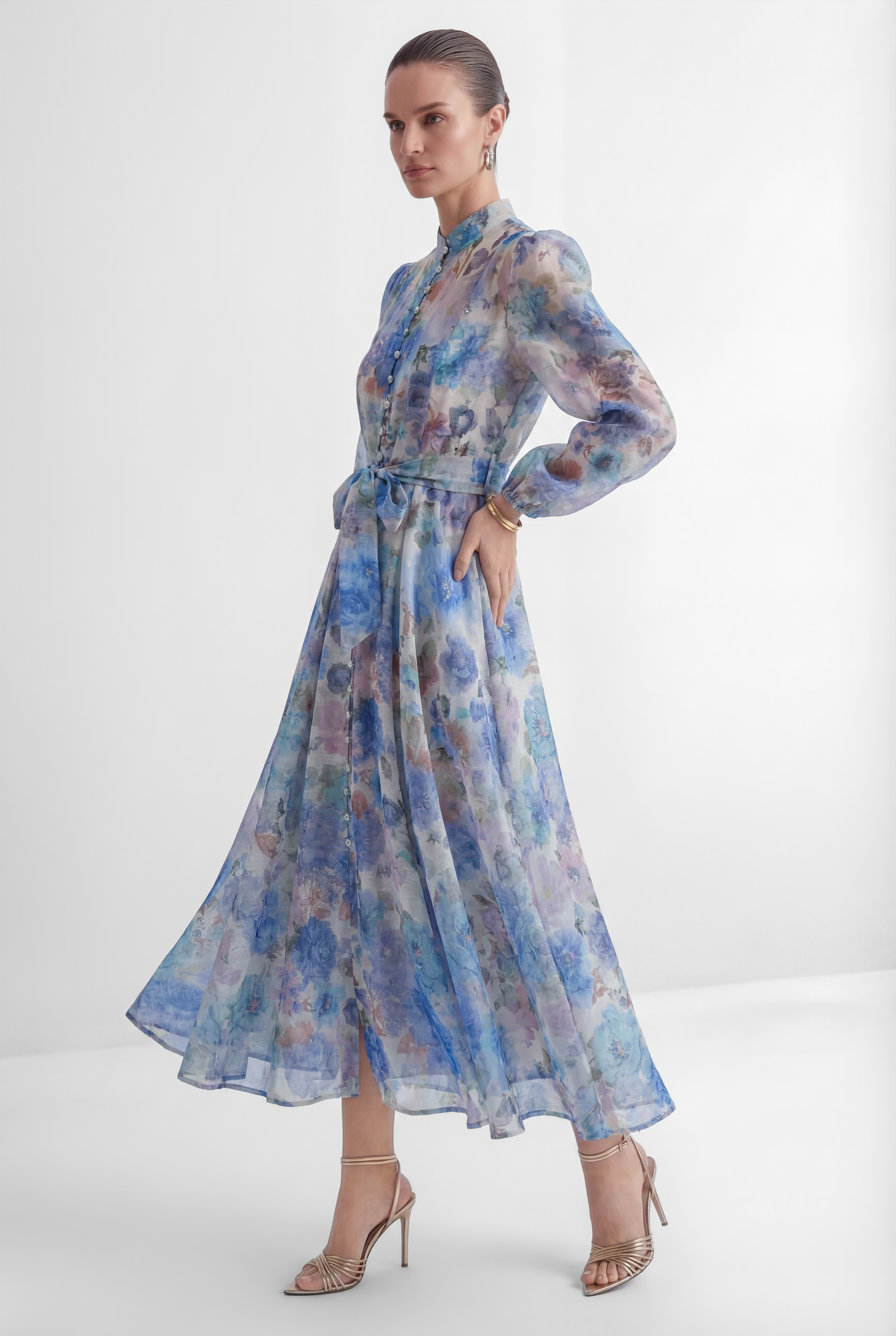 Love Breezy Blue Floral Print Rhinestone Embellished Maxi Dress-purelyfable
